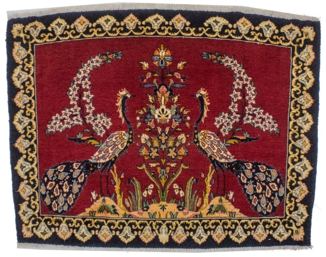 Wool Hand-Knotted Area Rug with Rare Birds Motif 2'8 x 4'0 Vintage Decor: Wool Hand-Knotted Area Rug with Rare Birds Motif 2'8 x 4'0 Vintage Decor This vintage hand-knotted Oriental rug features a rare birds and floral design in rich tones of red, dark purple-navy, green, b