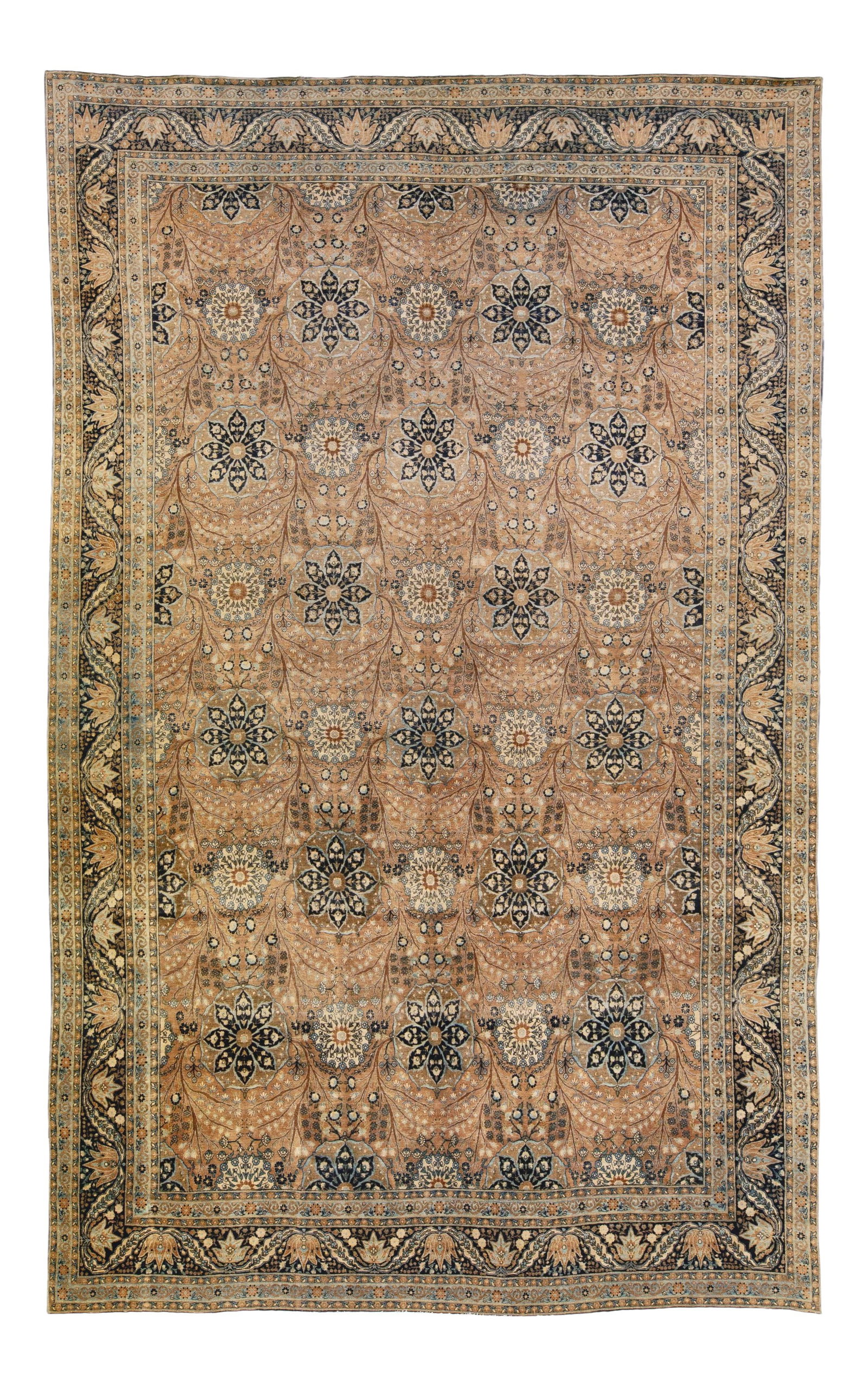 Antique Tabriz Wool Rug Beige Blue Floral Design 12'5" x 19'9": Antique Tabriz Wool Rug Beige Blue Floral Design 12'5" x 19'9" This exquisite Antique Tabriz rug features a luxurious hand-knotted wool construction with a stunning beige field adorned by a beautifull