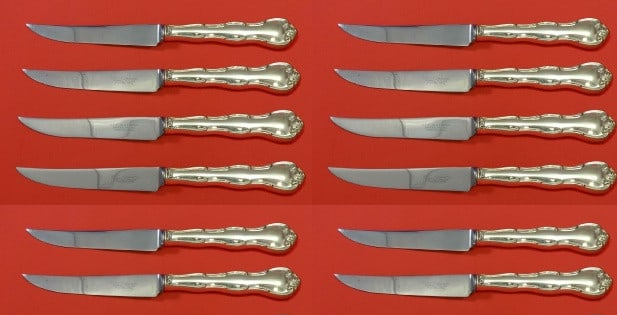 Gorham Rondo Sterling Silver Steak Knife Set 12 pcs 8.5": Gorham Rondo Sterling Silver Steak Knife Set 12 pcs 8.5" This exquisite custom set of 12 steak knives from Gorham features the elegant Rondo pattern. Each knife is crafted with a sterling silver hollo