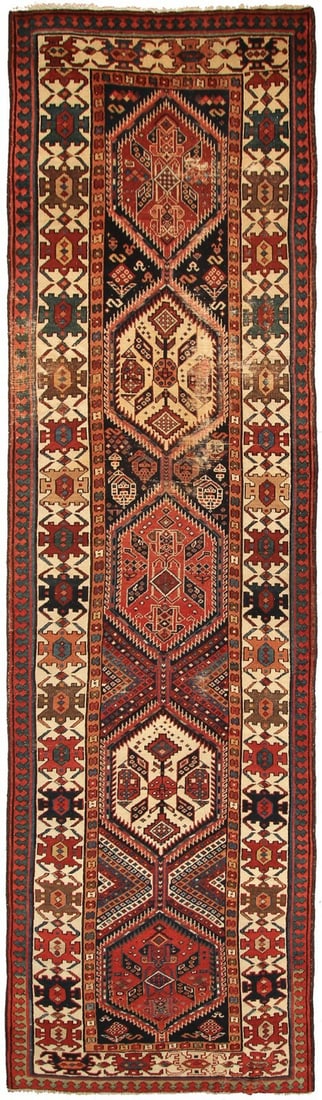 Antique Hand Knotted Wool Kazak Runner 3'8 x 12' (1 of 10)