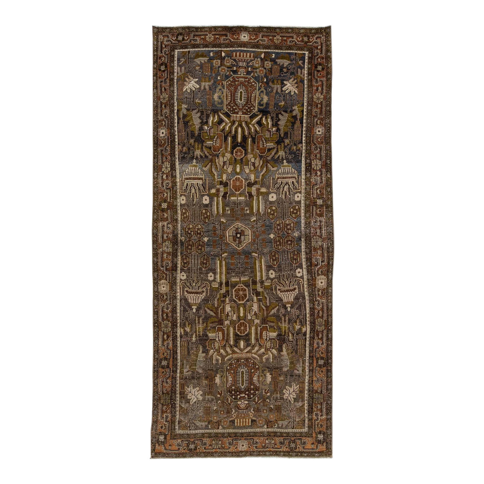 1900s Antique Persian Bidjar Wool Runner Gray Blue Tribal Design: 1900s Antique Persian Bidjar Wool Runner Gray Blue Tribal Design This exquisite antique Bidjar runner showcases a stunning gray and blue field, elegantly framed in brown with intricate green and beige