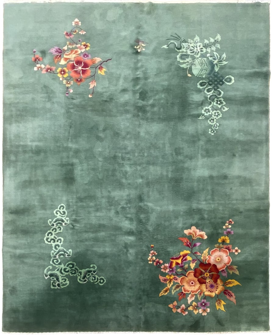 9x12 Chinese Art Deco Wool Rug Green Floral Walter Nichols C.1920: 9x12 Chinese Art Deco Wool Rug Green Floral Walter Nichols C.1920 An antique Chinese Art Deco area rug with an open field floral design, featuring a green field accented by coral and ivory details. It