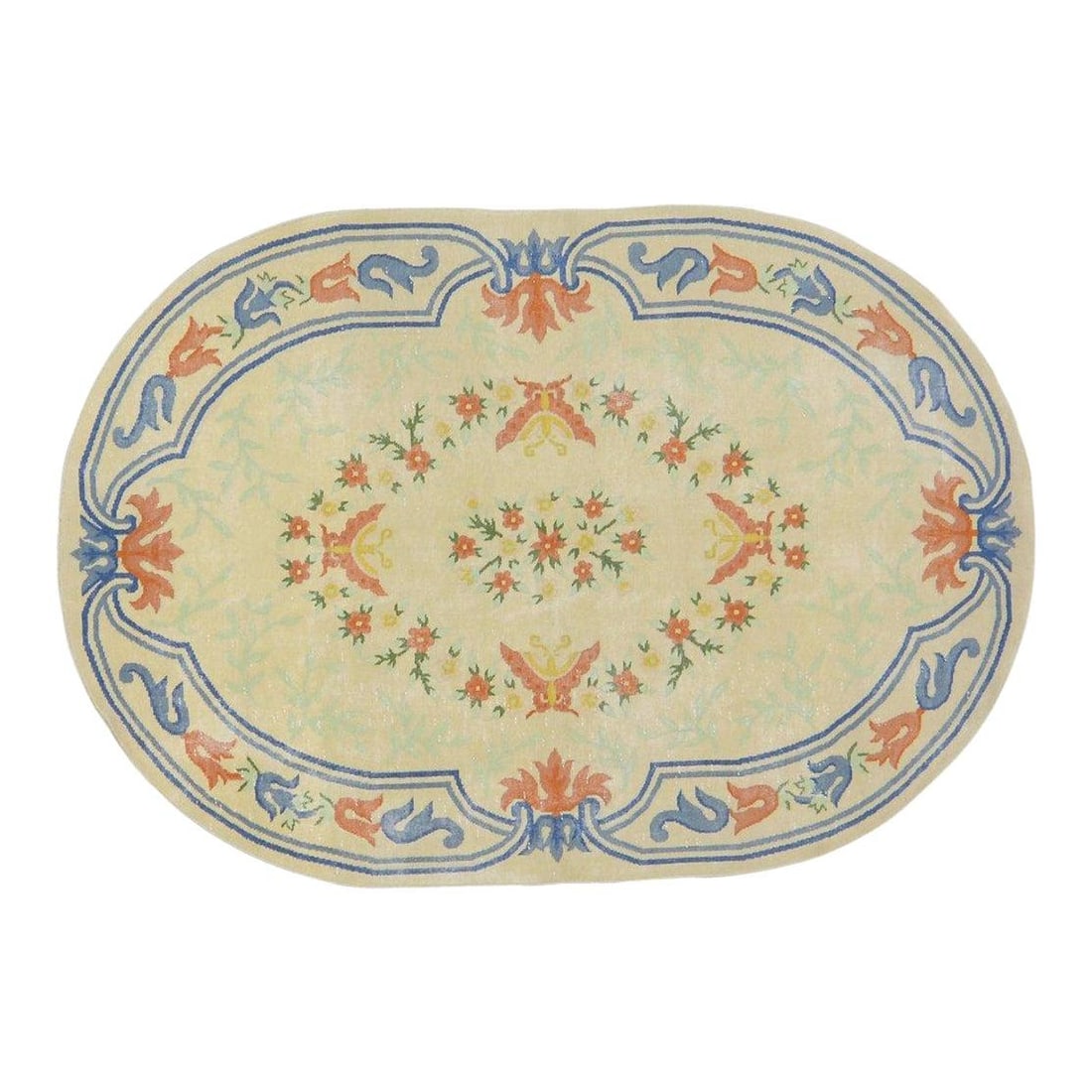 Hand-Knotted Wool Chinese Art Deco Area Rug 3'9" x 5'6": Hand-Knotted Wool Chinese Art Deco Area Rug 3'9" x 5'6" This vintage Chinese Art Deco rug is hand-knotted from wool, showcasing traditional rug-making craftsmanship blended with a modern design sensib