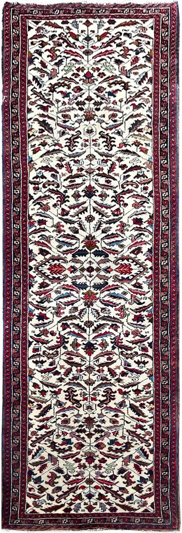 Antique Heriz Serapi Ivory Wool Runner 3 x 11 Circa 1930: Antique Heriz Serapi Ivory Wool Runner 3 x 11 Circa 1930 This rare antique Persian Heriz runner rug features a finely hand-knotted geometric design in an ivory color palette, accented with shades of r