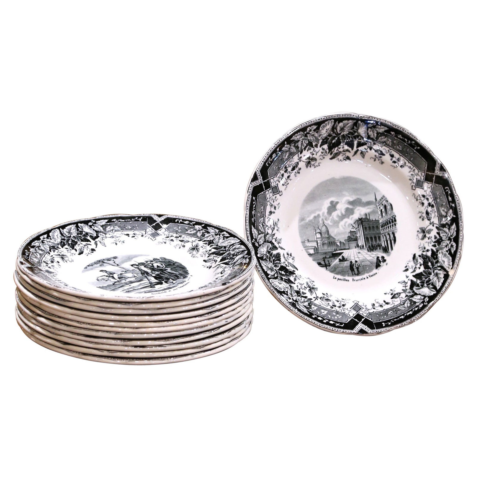 Set of 12 Napoleon III Choisy-le-Roi Dessert Plates Campagnes Militaires: Set of 12 Napoleon III Choisy-le-Roi Dessert Plates Campagnes Militaires This exquisite set of twelve dessert plates, crafted in mid-19th century France at the renowned Choisy-le-Roi manufactory, feat