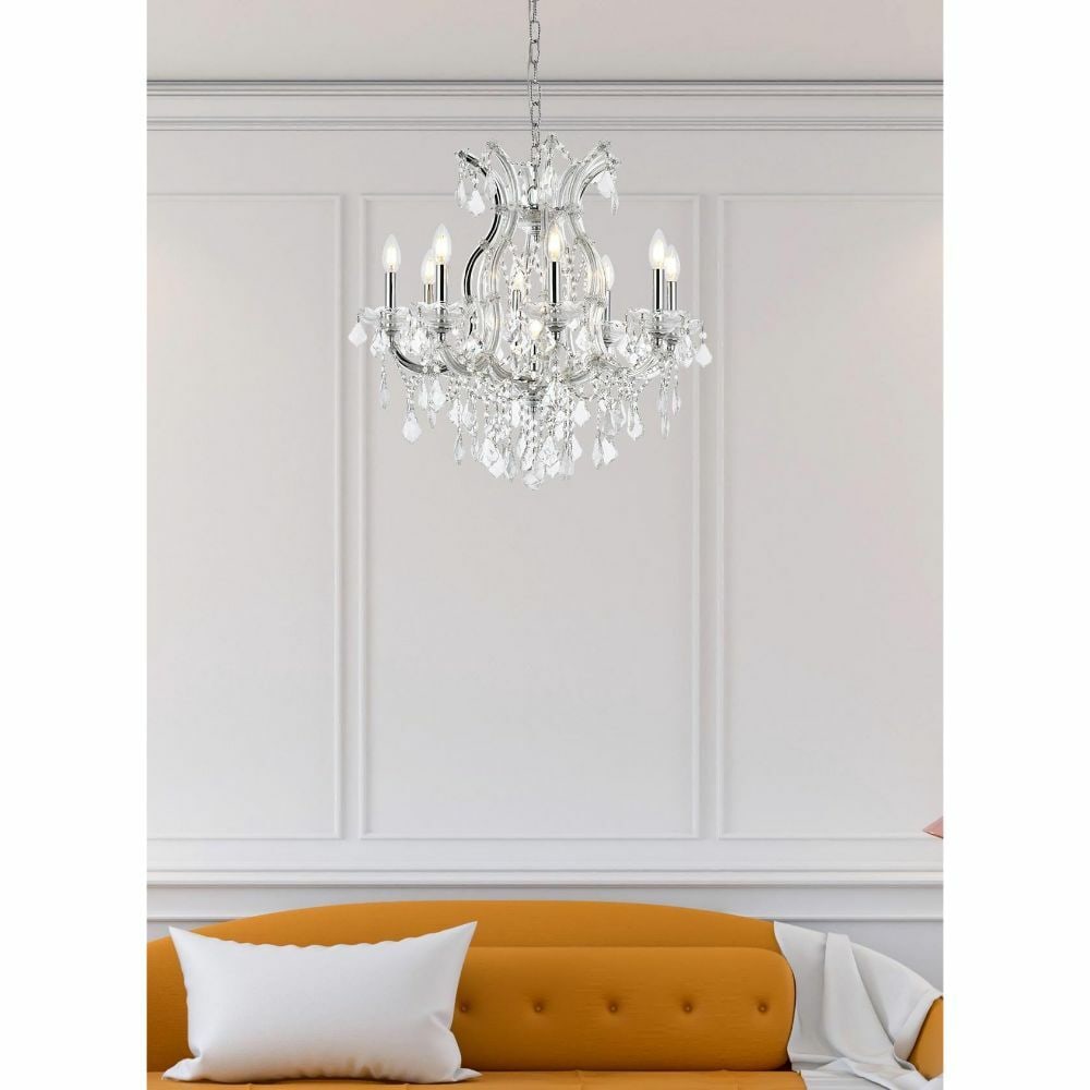 Maria Theresa 9 Light Chrome Crystal Chandelier 26 Inch: Maria Theresa 9 Light Chrome Crystal Chandelier 26 Inch This modern Maria Theresa chandelier features nine lights and is crafted from royal cut clear crystal with a chrome finish. The fixture measures