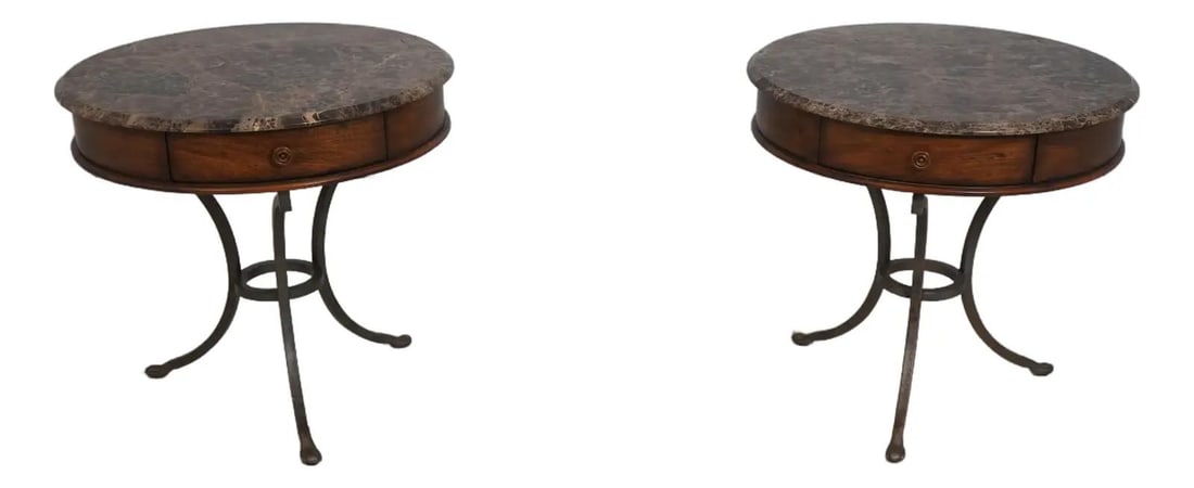 Pair of Century Round Marble Top Iron Base Side Tables: Pair of Century Round Marble Top Iron Base Side Tables This exquisite pair of lamp tables showcases a stylish design featuring round marble tops supported by sturdy iron bases. Crafted with high-quali