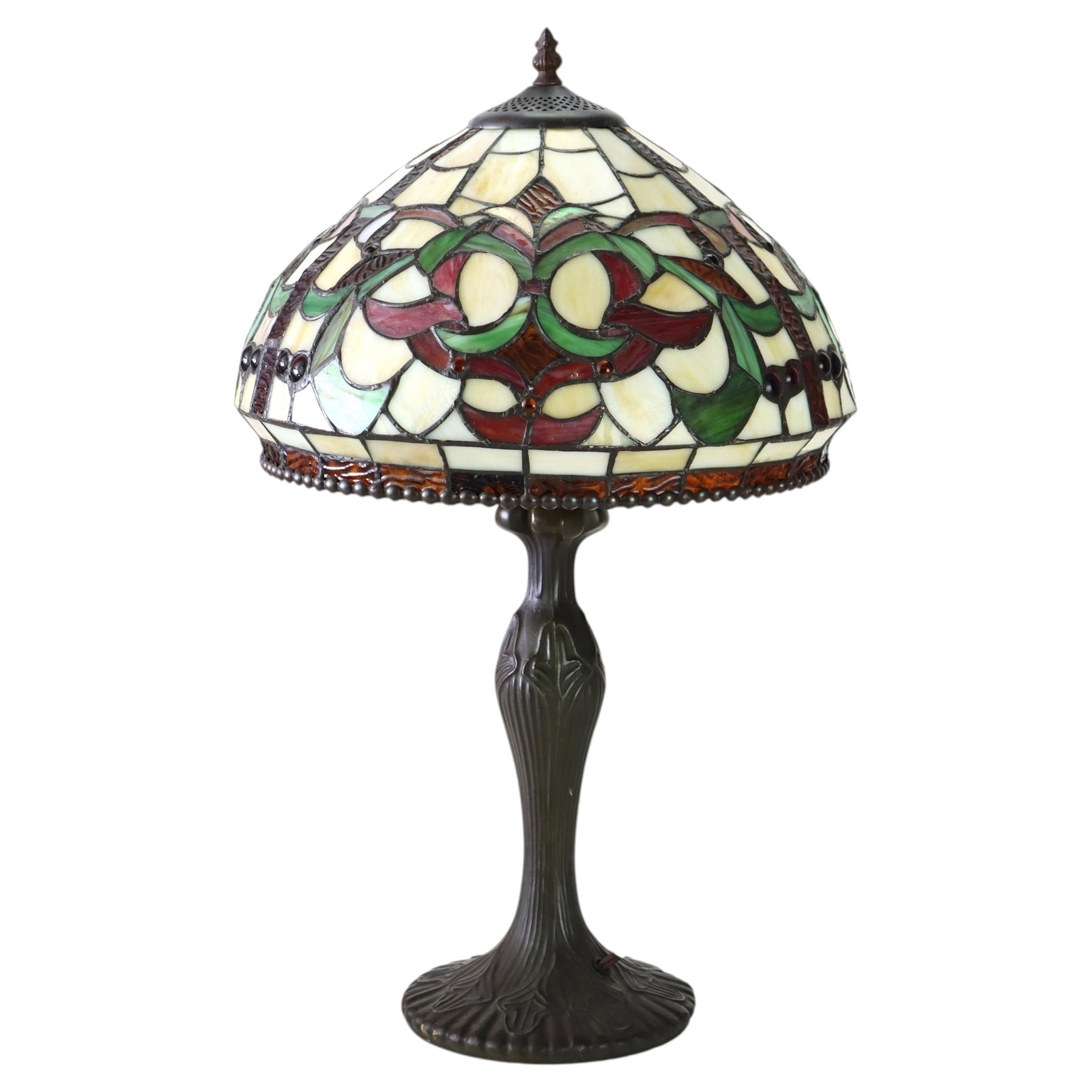 Mid Century Art Glass Lamp With Leaded Floral Shade and Amber Jewels (1 of 10)