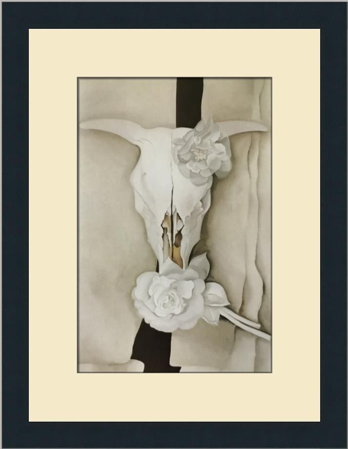Georgia O'Keeffe Cow's Skull with Calico Roses Framed Print 18x14: Georgia O'Keeffe Cow's Skull with Calico Roses Framed Print 18x14 This stunning custom framed print features the iconic artwork "Cow's Skull with Calico Roses" by renowned artist Georgia O'Keeffe. The