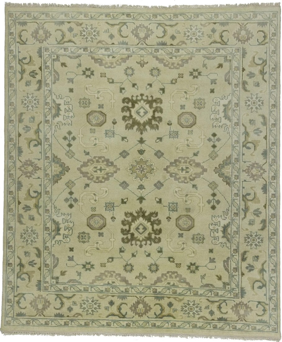 Hand-Knotted Wool Area Rug 8'3 x 9'9 Floral Modern Oushak Chobi Design: Hand-Knotted Wool Area Rug 8'3 x 9'9 Floral Modern Oushak Chobi Design This handmade Oushak Chobi Oriental rug features a traditional floral design with muted tones of beige, brown, taupe, and gray. E