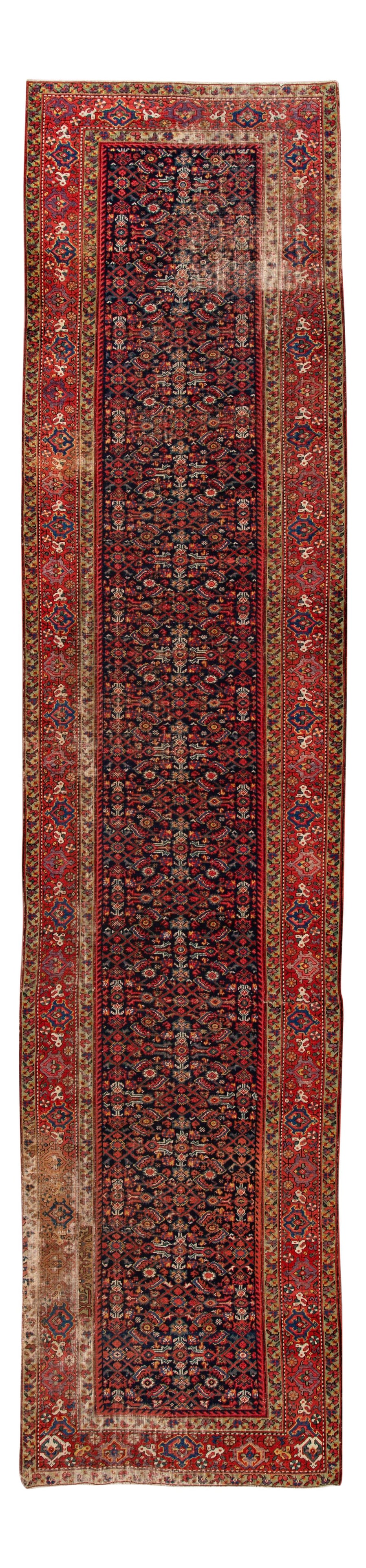 Antique Distressed Malayer Wool Runner 3'7 x 16'2 Navy Blue: Antique Distressed Malayer Wool Runner 3'7 x 16'2 Navy Blue This exquisite Early 20th Century Antique Distressed Malayer Wool Runner showcases a stunning hand-knotted wool construction. The rug featur