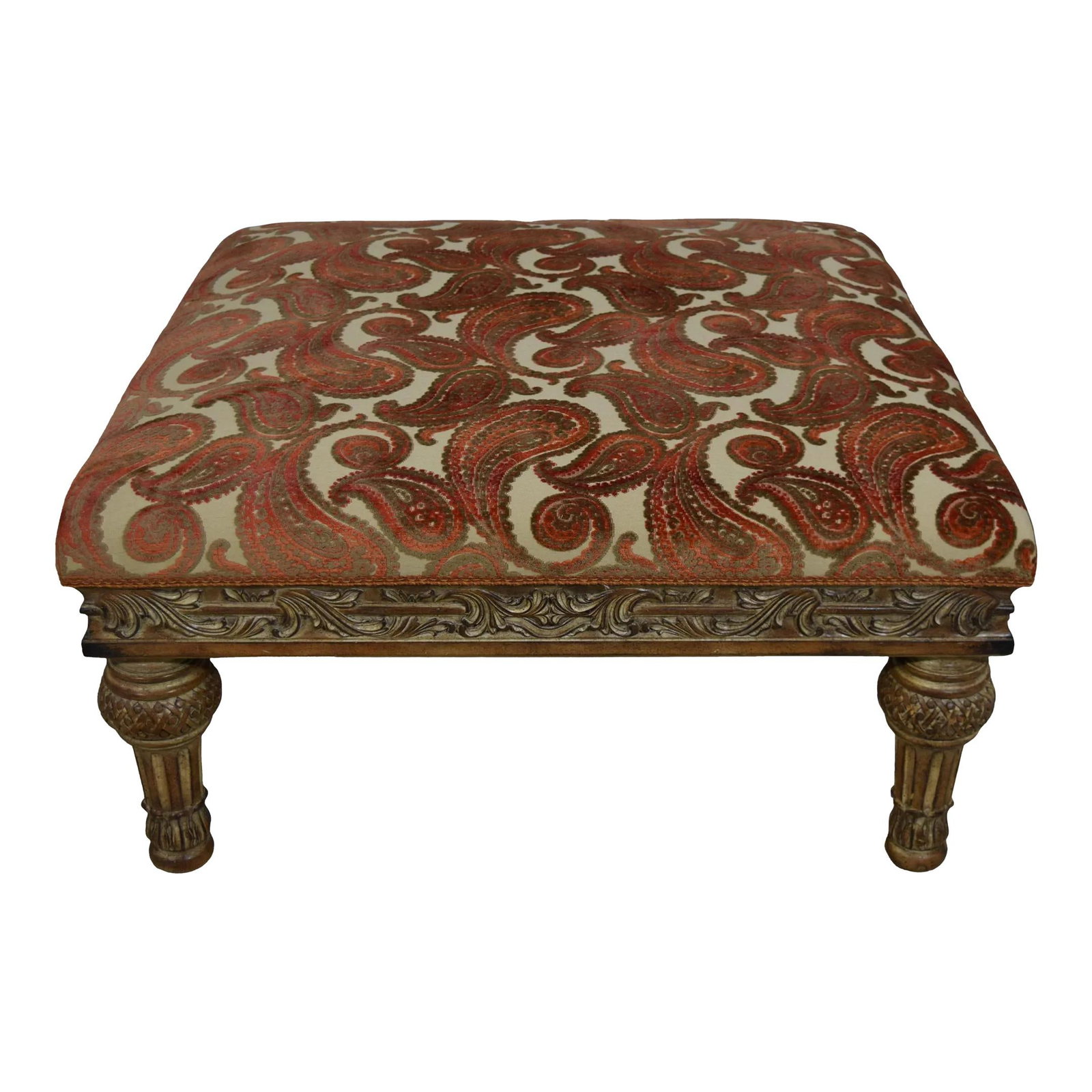 Large Italian Neoclassical Ottoman in Gold Damask Fabric: Large Italian Neoclassical Ottoman in Gold Damask Fabric This large Italian Neoclassical upholstered ottoman combines elegance and functionality with its impressive design. Crafted with quality constr