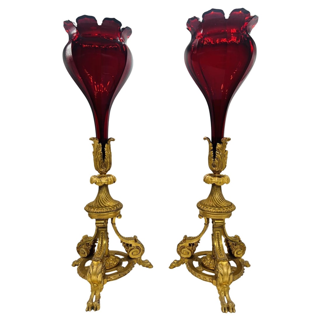 Baccarat 19th Century Ruby Red Glass Bronze Ormolu Trumpet Vases: Baccarat 19th Century Ruby Red Glass Bronze Ormolu Trumpet Vases This exceptional pair of Baccarat trumpet vases showcases exquisite craftsmanship from the 19th century. Standing at 20 inches tall, th