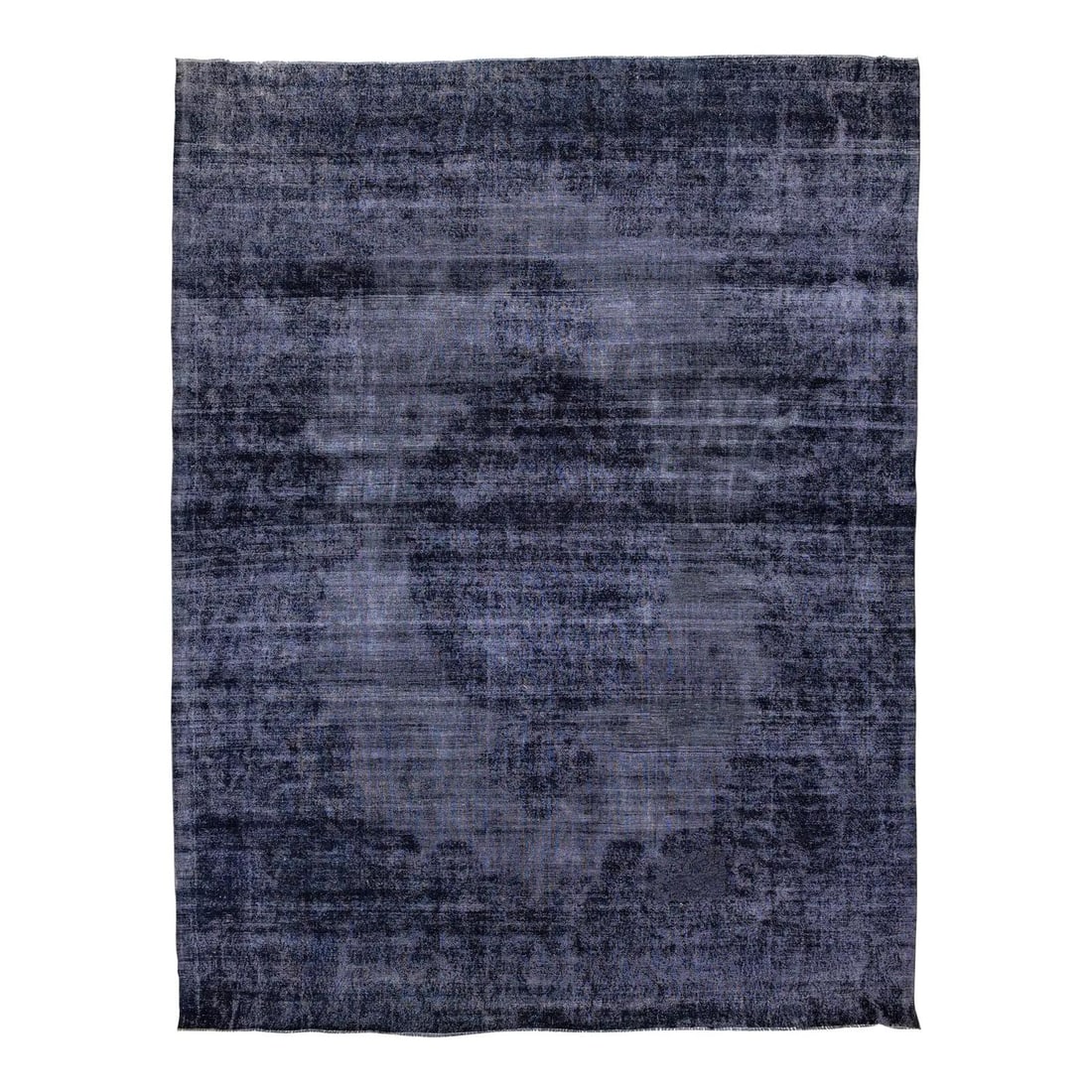 11'5" x 15' Hand Knotted Wool Persian Rug in Midnight Indigo: 11'5" x 15' Hand Knotted Wool Persian Rug in Midnight Indigo Vintage overdyed Persian rug in Midnight Indigo with a distressed, hand-knotted wool construction. The deep blue surface shows subtle remna