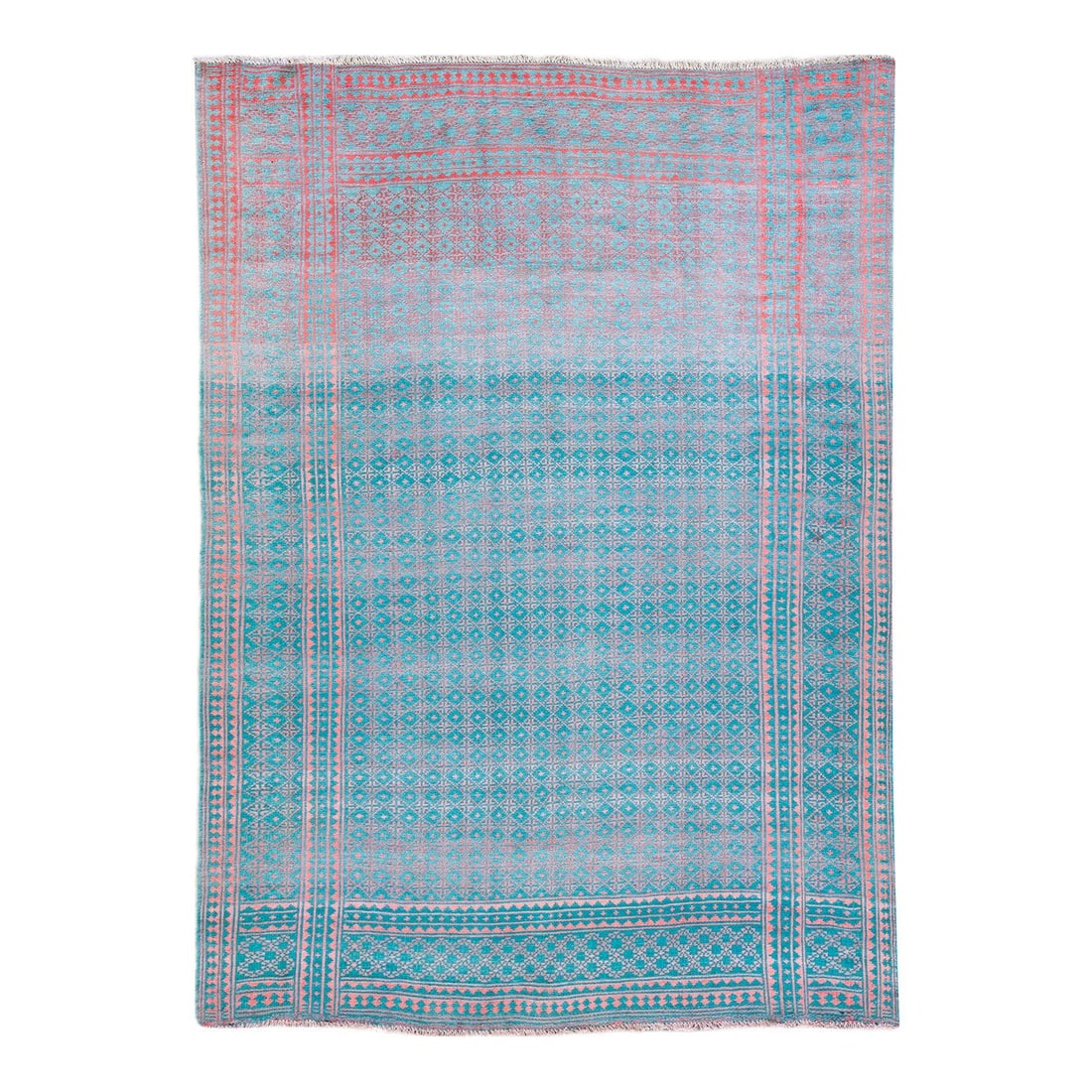 Vintage Indian Hand-Knotted Turquoise Wool Cotton Rug Geometric Design 8'3 x 11'5: Vintage Indian Hand-Knotted Turquoise Wool Cotton Rug Geometric Design 8'3 x 11'5 Discover this exquisite vintage Indian hand-knotted rug featuring a vibrant turquoise field adorned with pink accents 