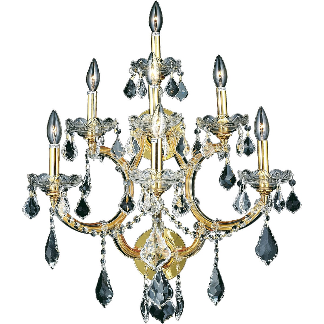 Maria Theresa 7 Light Crystal Wall Sconce Gold 27": Maria Theresa 7 Light Crystal Wall Sconce Gold 27" This Maria Theresa 7-light wall sconce features a gold finish with clear crystal details and a traditional style. It is a hardwired indoor fixture de
