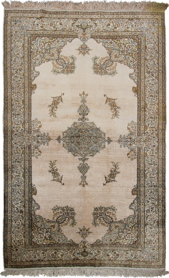 Vintage Hereke Silk Hand Knotted Beige Area Rug 4 x 6 ft (1 of 11)