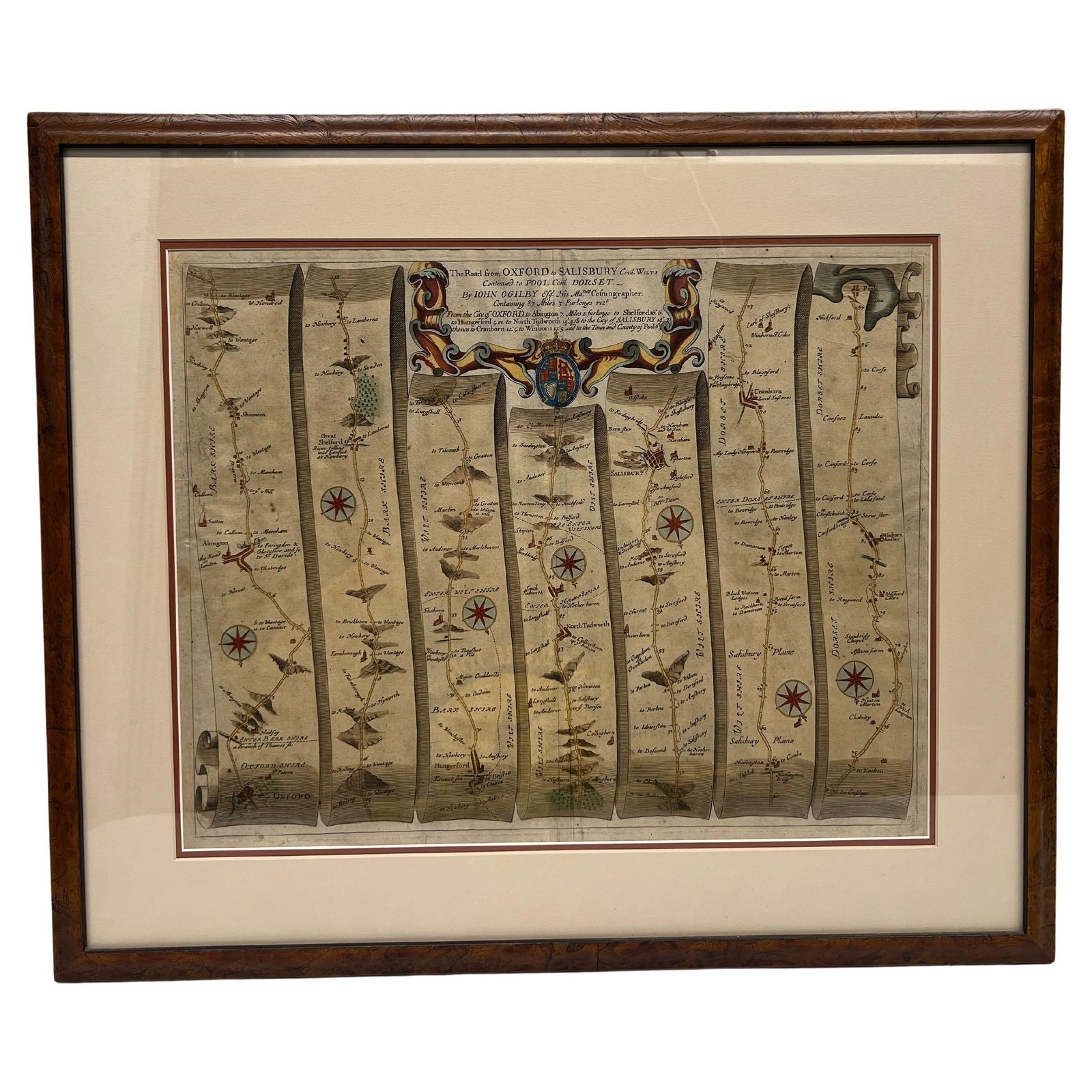 John Ogilby Regency Road Map #83 Oxford to Salisbury Circa 1675: John Ogilby Regency Road Map #83 Oxford to Salisbury Circa 1675 This remarkable 17th-century road map, created by John Ogilby around 1675, showcases the Oxford to Salisbury route as part of his acclai