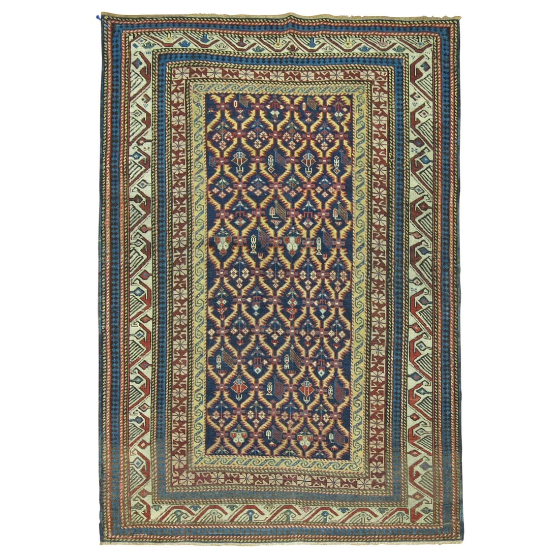 Antique Kuba Caucasian Wool Kazak Rug 3'2 x 4'7: Antique Kuba Caucasian Wool Kazak Rug 3'2 x 4'7 This early 20th century Caucasian Kuba rug features a tightly woven, intricate all-over pattern set against a navy background. Handwoven from wool, it r
