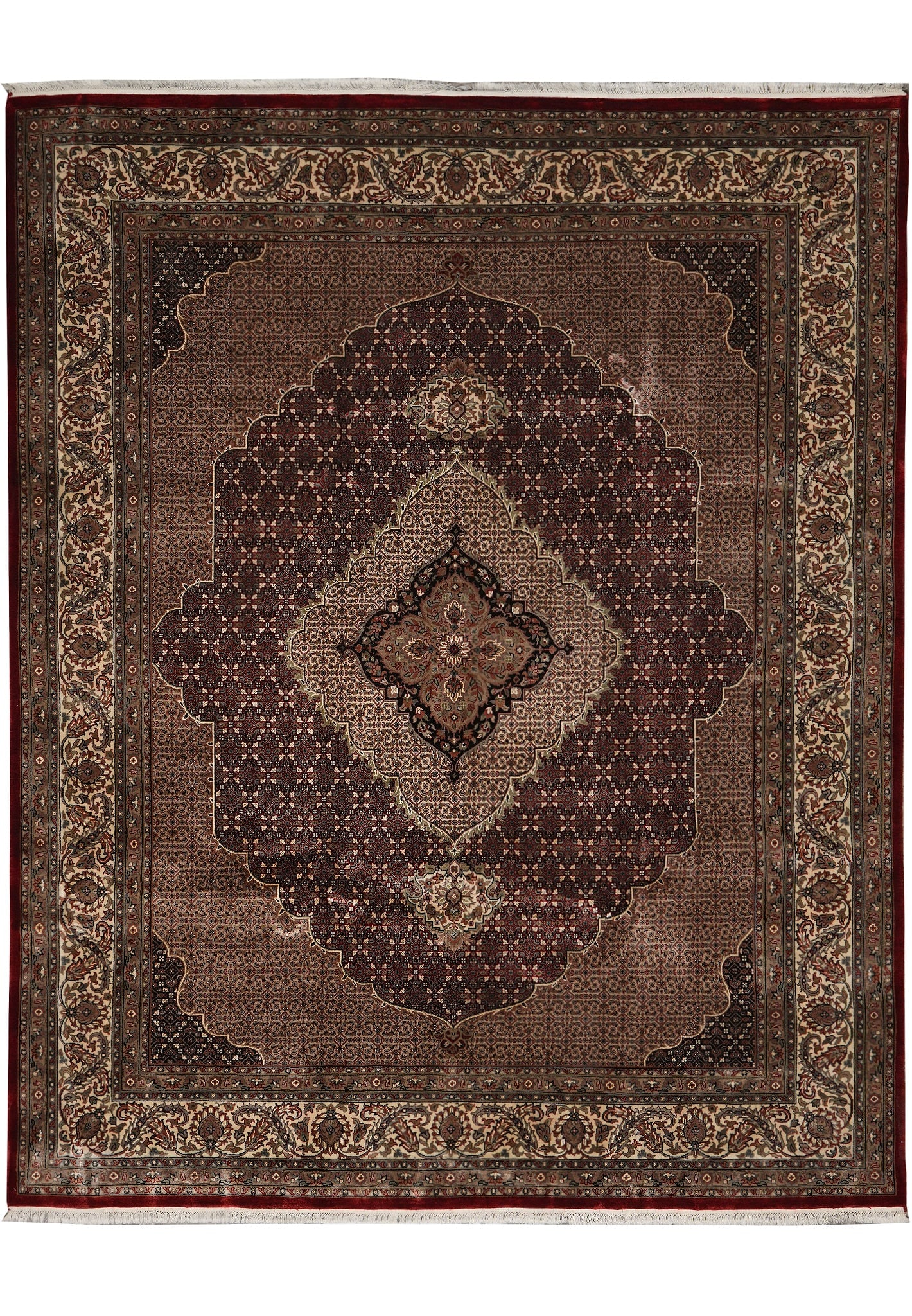 8 x 9.6 Handmade Tabriz Mahi Wool and Silk Persian Area Rug: 8 x 9.6 Handmade Tabriz Mahi Wool and Silk Persian Area Rug Free continental US Shipping This 8 x 9.6 area rug is a handmade Tabriz Mahi piece, crafted in Iran from a high-quality blend of wool and si