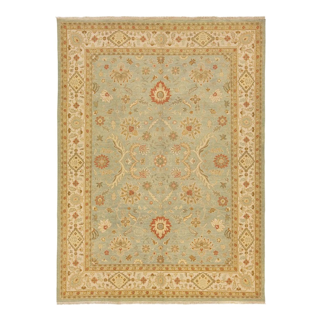 Handmade Peshawar Wool Rug Light Green Floral Design 10' x 13'8'': Handmade Peshawar Wool Rug Light Green Floral Design 10' x 13'8'' Elevate your living space with this exquisite handmade Peshawar wool rug. Featuring a light green background enriched with beautiful g