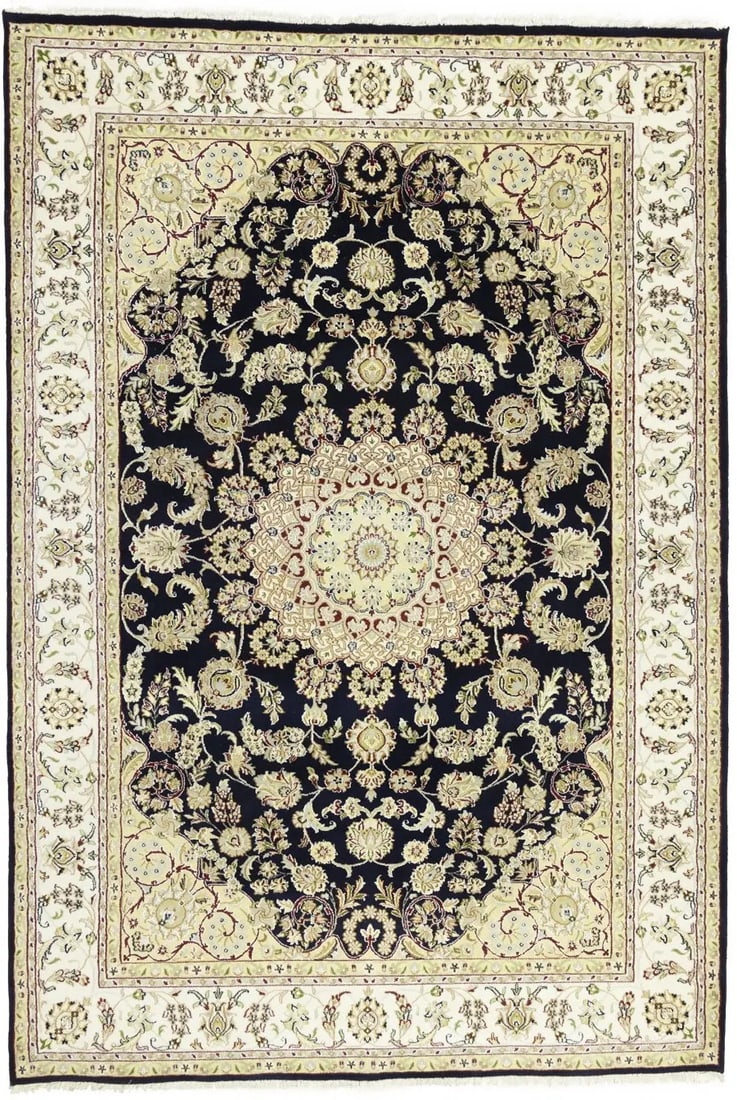 Hand-Knotted Indo-Nain Wool Silk Rug 6'9 x 9'10 Floral Pattern: Hand-Knotted Indo-Nain Wool Silk Rug 6'9 x 9'10 Floral Pattern This 7x10 Indo-Nain Oriental rug features a classic floral design with a cream, dark navy, buff, red, light grey, green, tan, and brown c