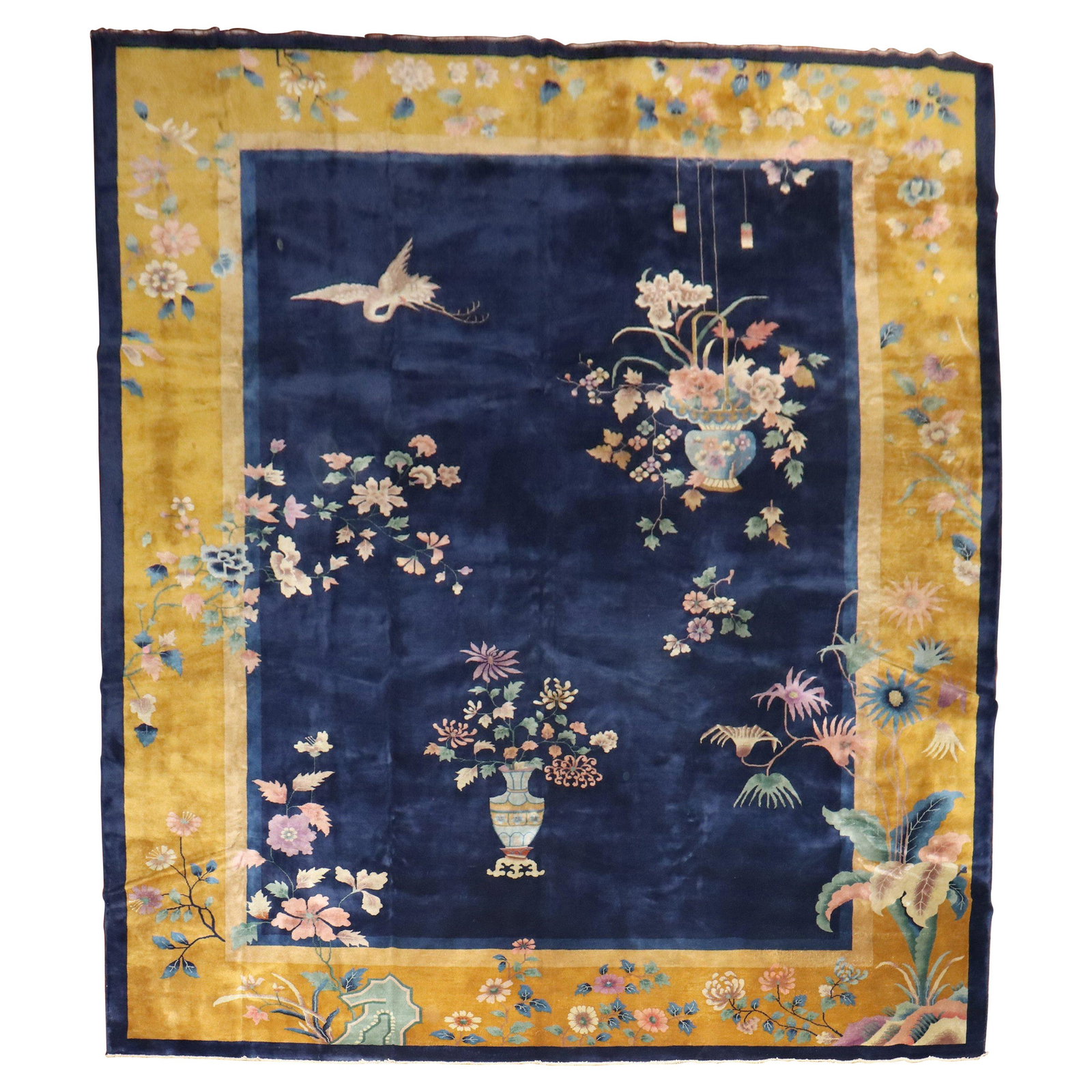 Stunning Hand-Woven Art Deco Chinese Wool Rug 10'9" x 14'5": Stunning Hand-Woven Art Deco Chinese Wool Rug 10'9" x 14'5" This stunning large Chinese Art Deco rug features a beautifully crafted floral design set against a subtle sna field with a rich plum border