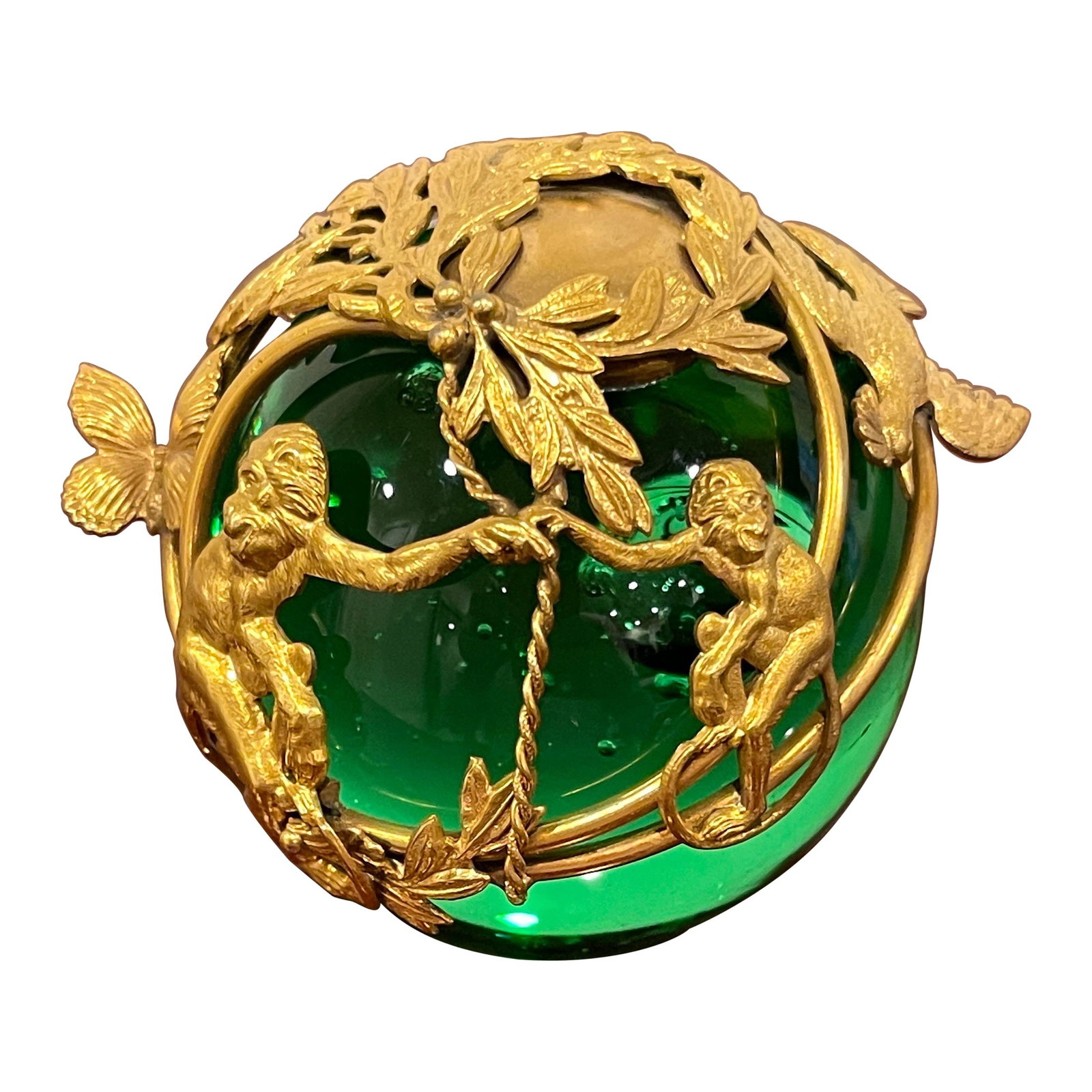 French Ormolu Monkey Motif Green Crystal Paperweight 1900s: French Ormolu Monkey Motif Green Crystal Paperweight 1900s This exquisite French ormolu monkey motif green crystal controlled bubble paperweight is a stunning piece from the early 20th century, circa 