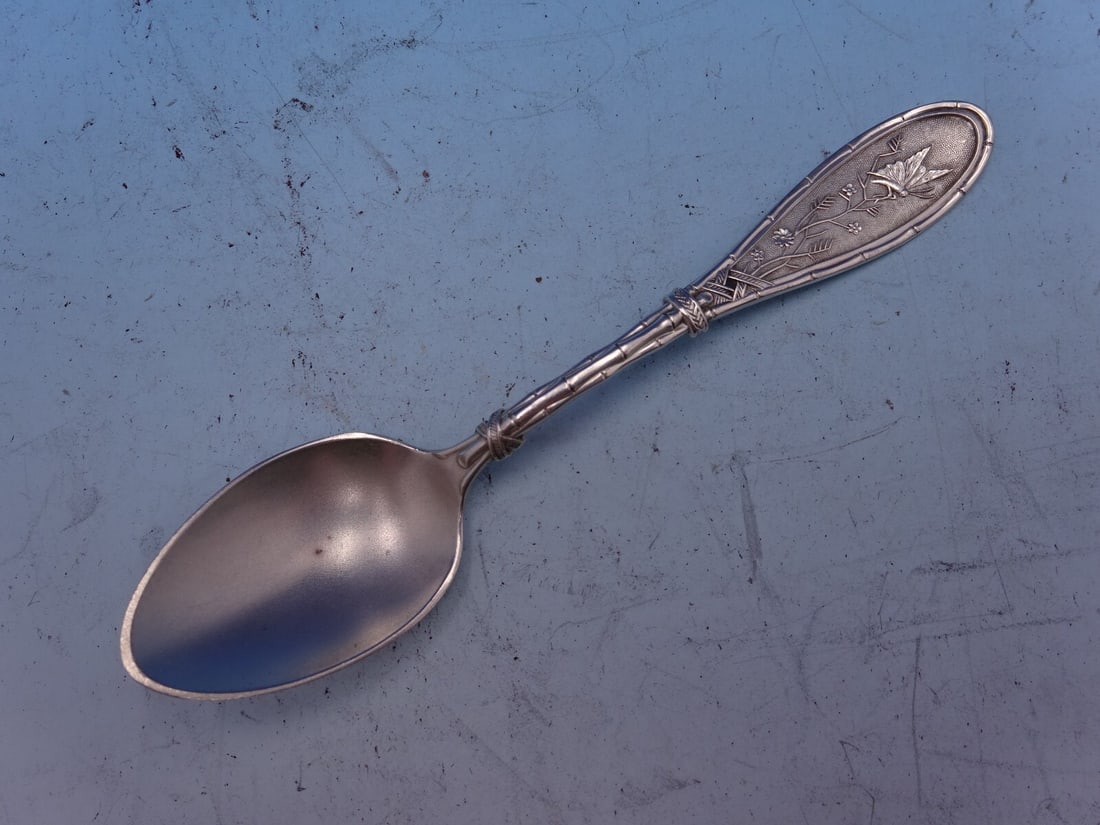 Whiting Sterling Silver Japanese 4 1/2" Frosted Spoon with Butterfly Design: Whiting Sterling Silver Japanese 4 1/2" Frosted Spoon with Butterfly Design This exquisite 4 1/2" coffee spoon is a stunning piece from the Whiting Manufacturing Company, crafted in sterling silver. T