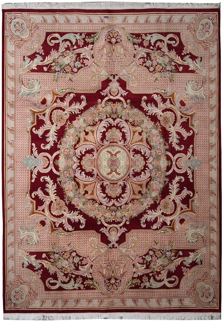 Handmade French Savonnerie Wool Rug Burgundy 110 x 144 Inch Ornate Medallion: Handmade French Savonnerie Wool Rug Burgundy 110 x 144 Inch Ornate Medallion Free continental US Shipping This handmade French Savonnerie area rug features a rich burgundy field adorned with an ornate