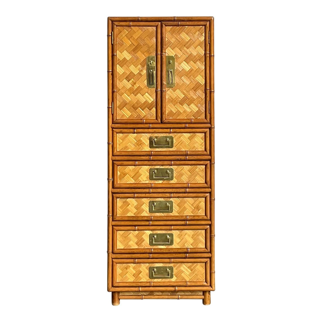 Parquet Rattan and Bamboo Boho Chic Gentleman's Chest with Brass Accents: Parquet Rattan and Bamboo Boho Chic Gentleman's Chest with Brass Accents This vintage gentleman's chest showcases a blend of Boho Chic and Chinoiserie design, featuring parquet rattan paneling framed 