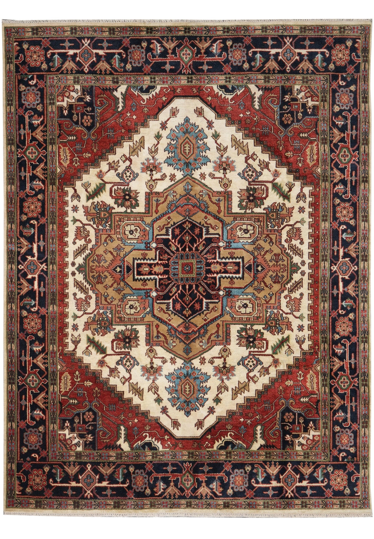 9 x 12 Handmade Heriz Serapi Wool Rug Geometric Medallion: 9 x 12 Handmade Heriz Serapi Wool Rug Geometric Medallion Free continental US Shipping This 9 x 12 handmade Heriz Serapi rug features a Persian-inspired geometric medallion design with abstract floral