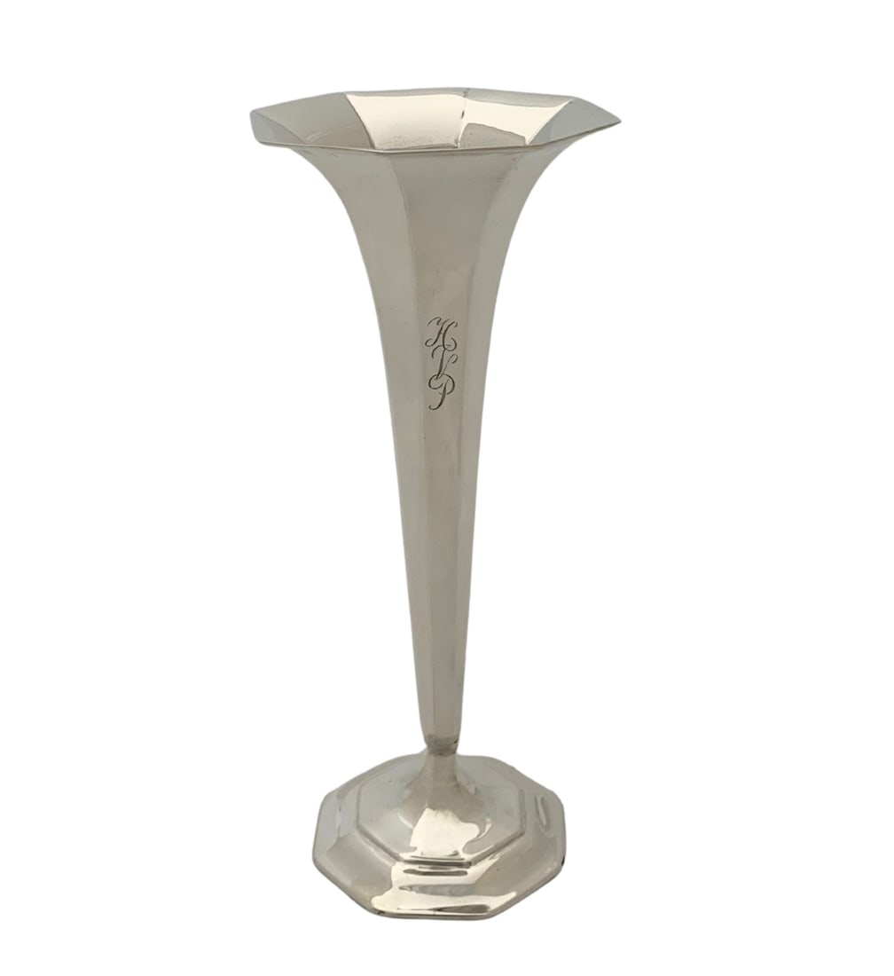 Tiffany & Co Sterling Silver Handmade Flower Trumpet Vase Monogram 6.50: Tiffany & Co Sterling Silver Handmade Flower Trumpet Vase Monogram 6.50 This antique Tiffany & Co. trumpet vase is crafted from .925 sterling silver with a cement-filled base for added stability. Hand
