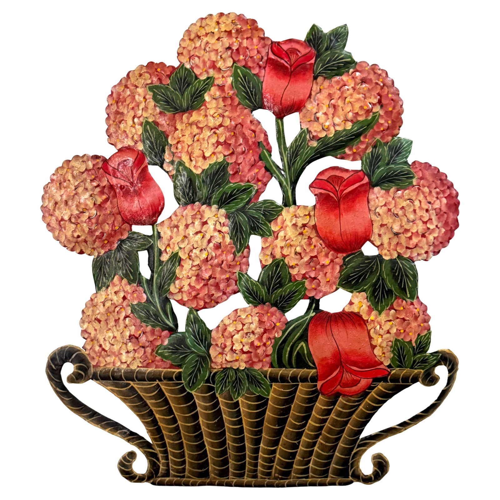 20th Century French Tole Floral Dummy Board Tulips & Hydrangeas: 20th Century French Tole Floral Dummy Board Tulips & Hydrangeas This exquisite French tole-painted floral dummy board features a stunning basket filled with vibrant tulips and hydrangeas, crafted in t