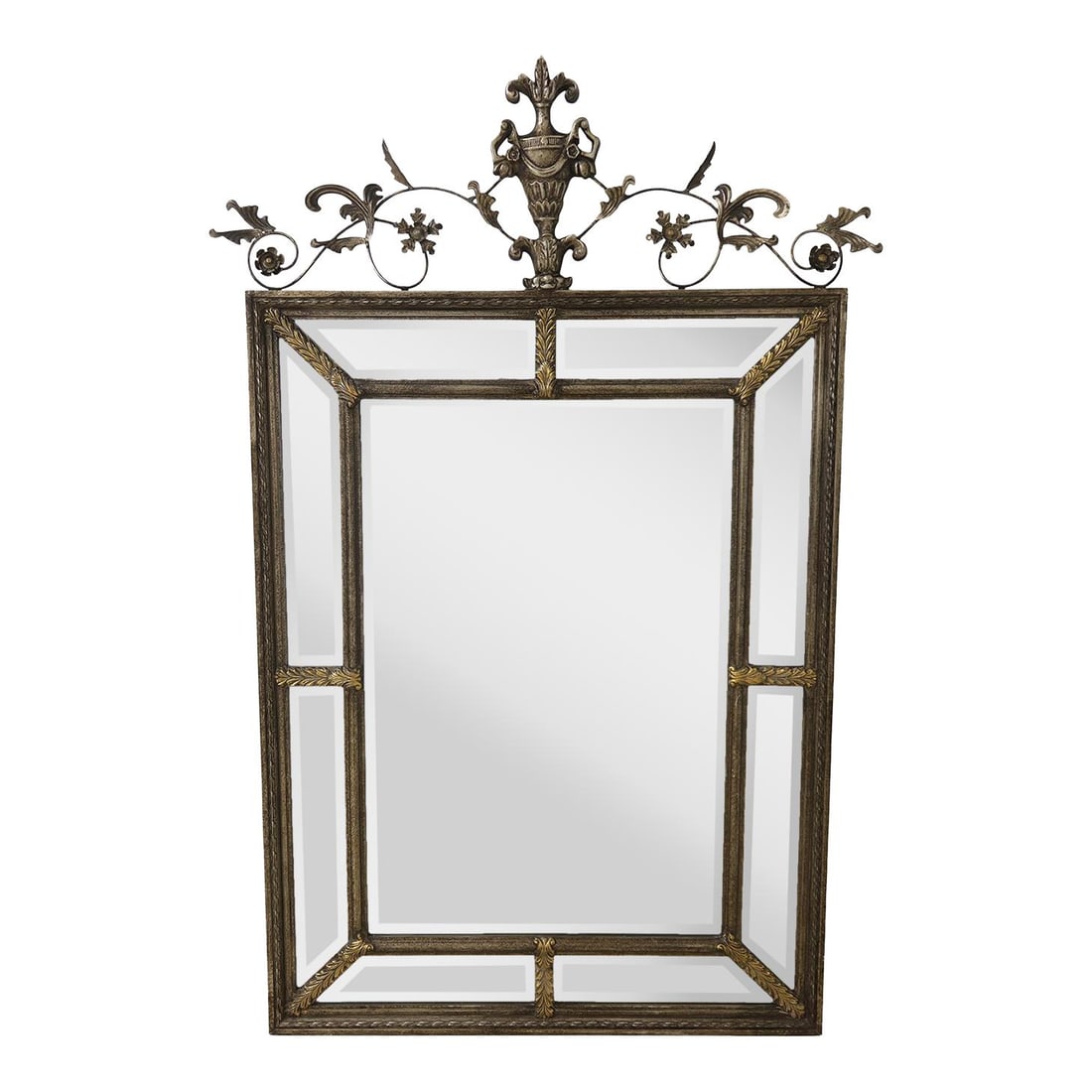 Elegant French Multi Panel Beveled Glass Mirror with Scroll Work: Elegant French Multi Panel Beveled Glass Mirror with Scroll Work This stunning large French style beveled glass multi-panel mirror is an impressive addition to any decor. Featuring detailed metal scro