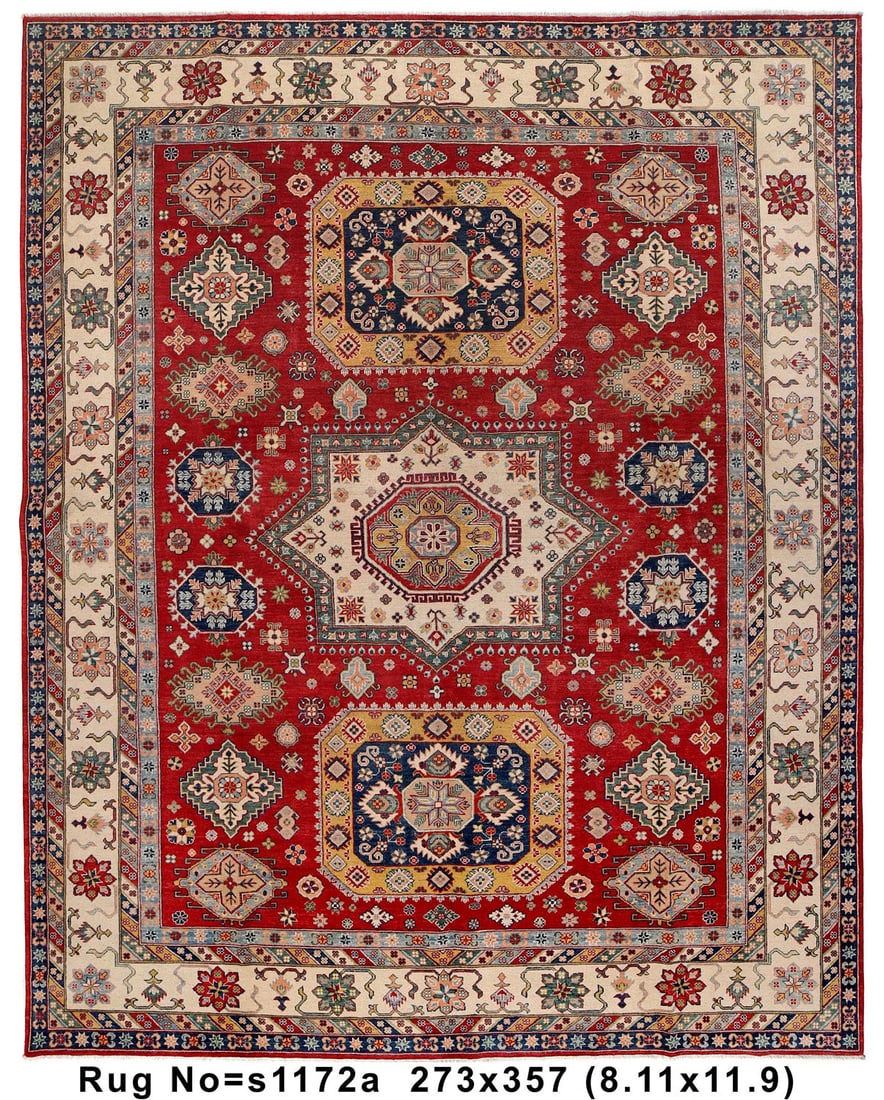 Kazak Handmade Wool Area Rug 9 x 11.9 ft Artisan Crafted: Kazak Handmade Wool Area Rug 9 x 11.9 ft Artisan Crafted Free continental US Shipping Enhance your living space with the timeless elegance of the Kazak Handmade Wool Rug, measuring 9 x 11.9 feet. This