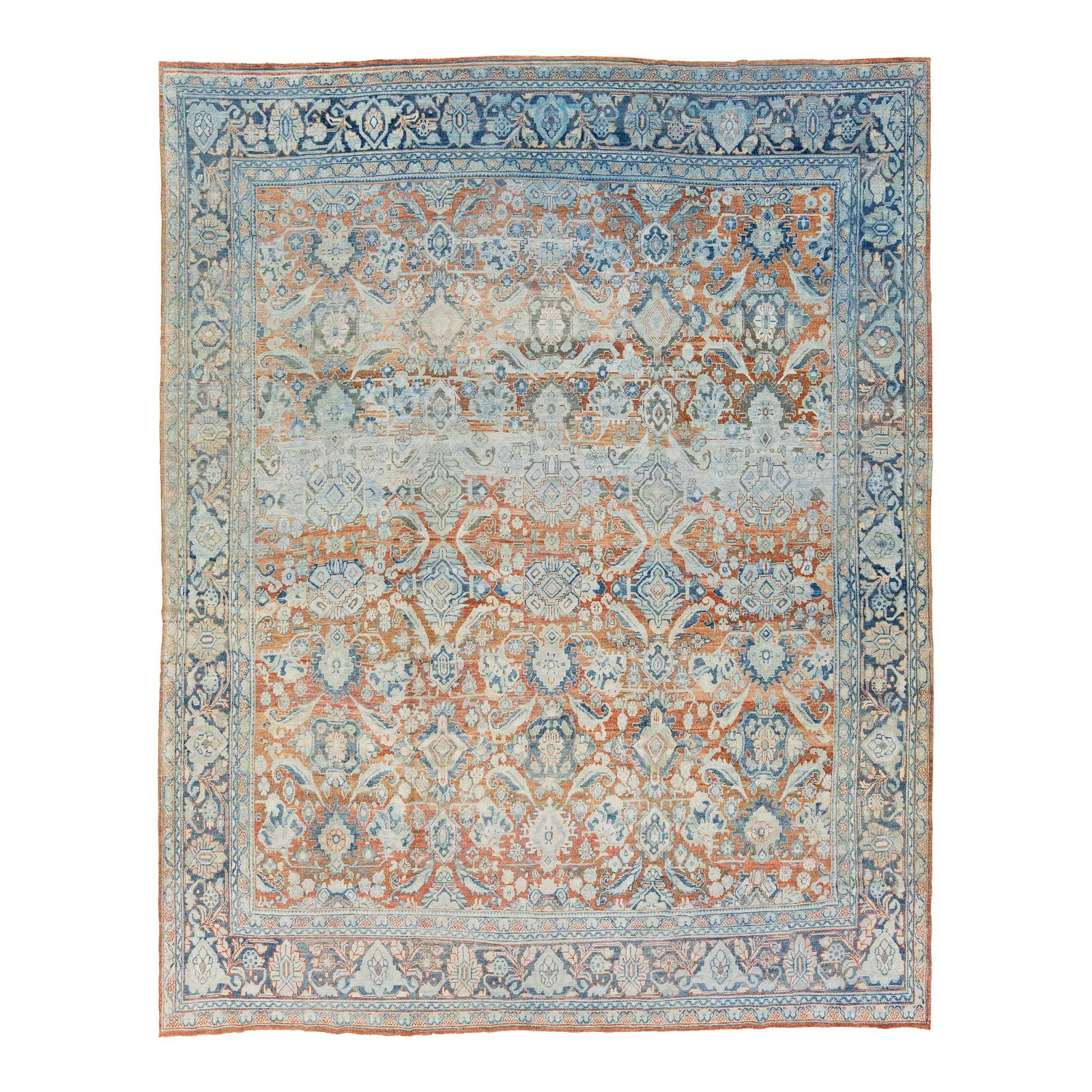 1960s Antique Persian Mahal Wool Rug 9'6 x 12' Rust Floral Motif: 1960s Antique Persian Mahal Wool Rug 9'6 x 12' Rust Floral Motif Discover the charm of this exquisite 1960s handmade antique Persian Mahal wool rug. Featuring a rich rust color field, this hand-knotte