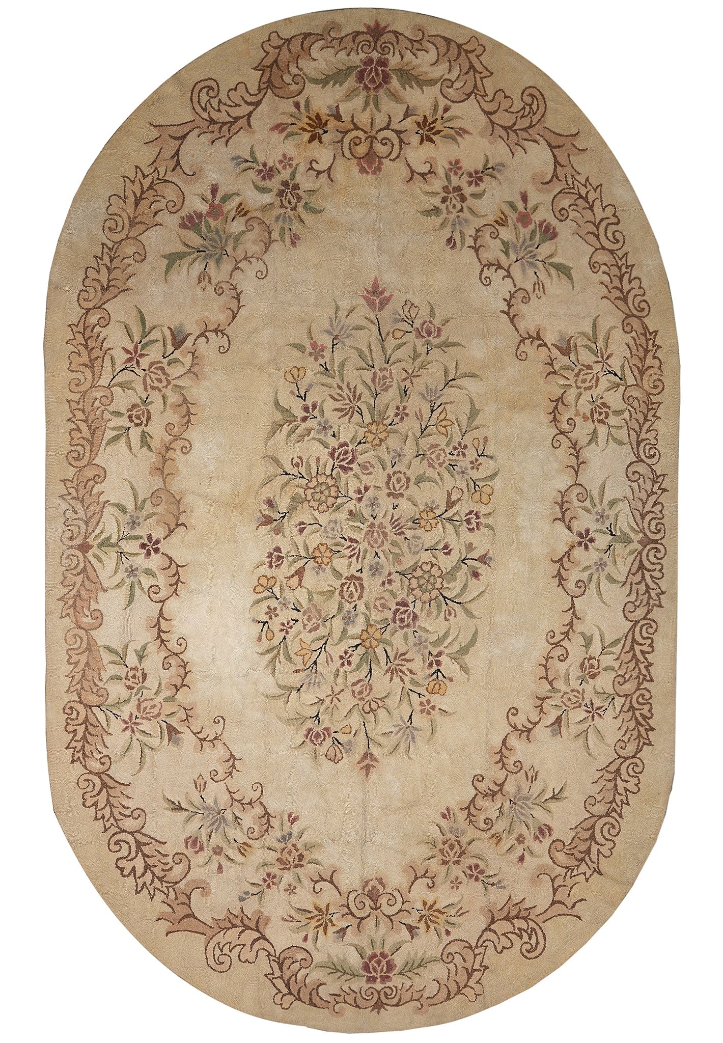 11.3 x 18 Oval French Aubusson Pattern Hand Hooked Wool Rug: 11.3 x 18 Oval French Aubusson Pattern Hand Hooked Wool Rug Free continental US Shipping This oval area rug features a classic French Aubusson pattern with floral motifs in a sophisticated palette. It