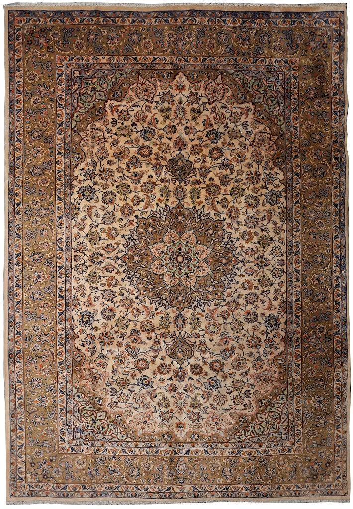 Persian Kashan Wool Estate Rug 111 x 141 Inch Hand Knotted Light Colors 1970s: Persian Kashan Wool Estate Rug 111 x 141 Inch Hand Knotted Light Colors 1970s Free continental US Shipping This Persian Kashan estate rug features a hand-knotted wool construction and a light color pa