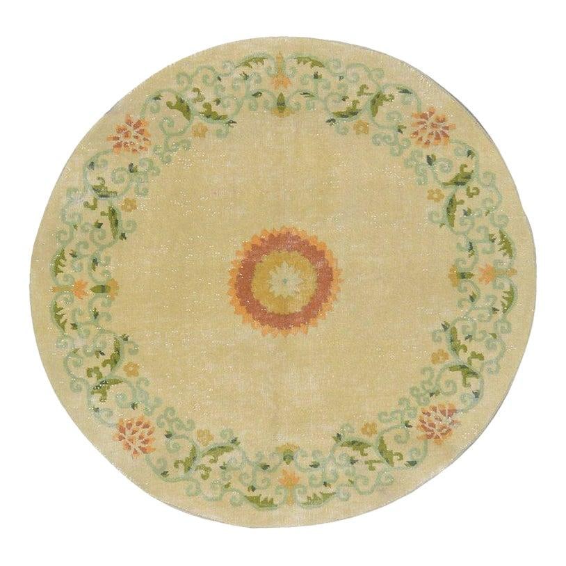 Round Hand Knotted Wool Art Deco Chinese Rug 60 Inch Gold: Round Hand Knotted Wool Art Deco Chinese Rug 60 Inch Gold This vintage Chinese Art Deco rug is hand-knotted from wool using traditional techniques, offering a blend of classic artistry and modern desi