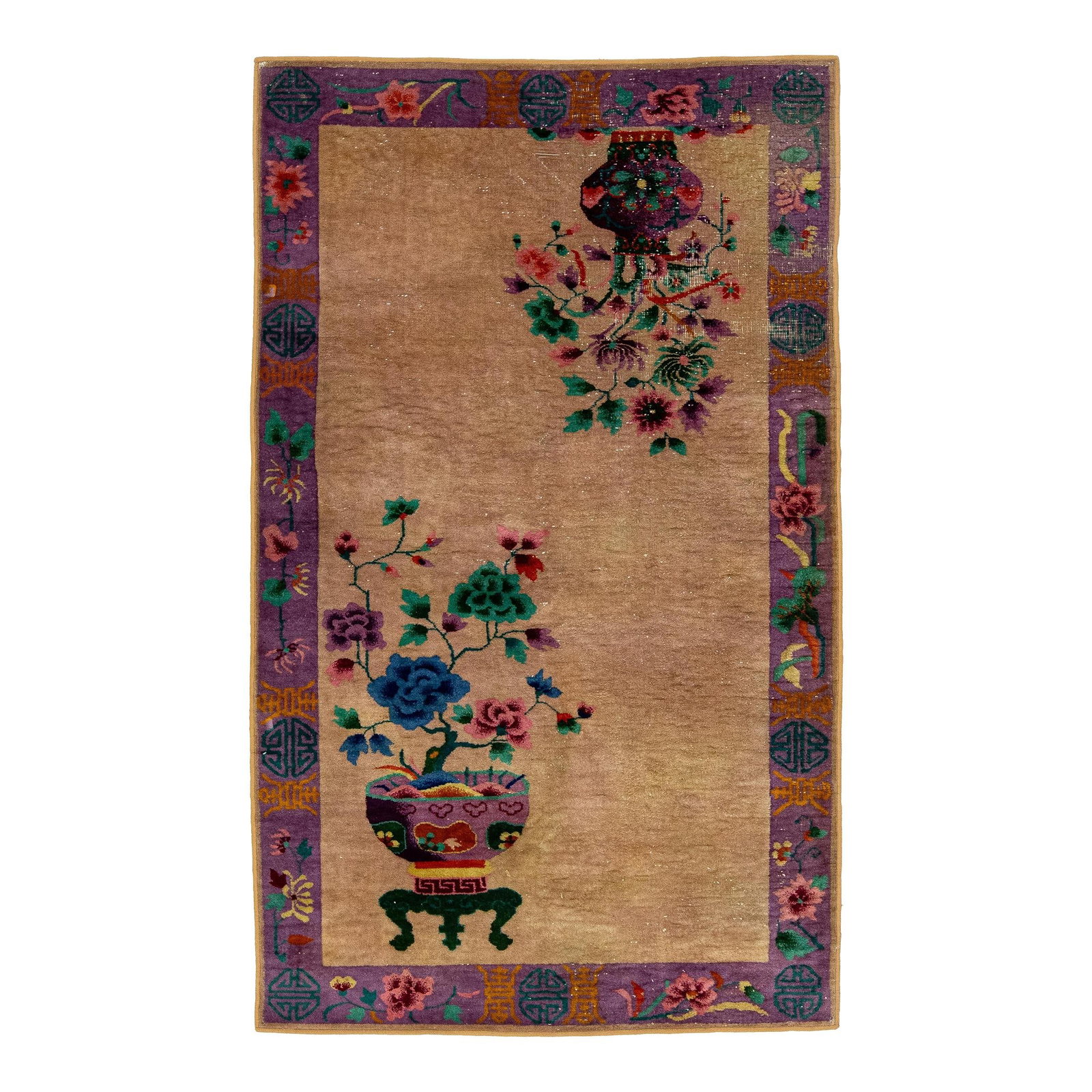 Antique Art Deco Chinese Wool Rug Tan Purple 4'1" x 6'8": Antique Art Deco Chinese Wool Rug Tan Purple 4'1" x 6'8" Enhance your space with this exquisite antique Art Deco wool rug featuring a stunning tan field bordered by a decorative purple frame. Adorned 