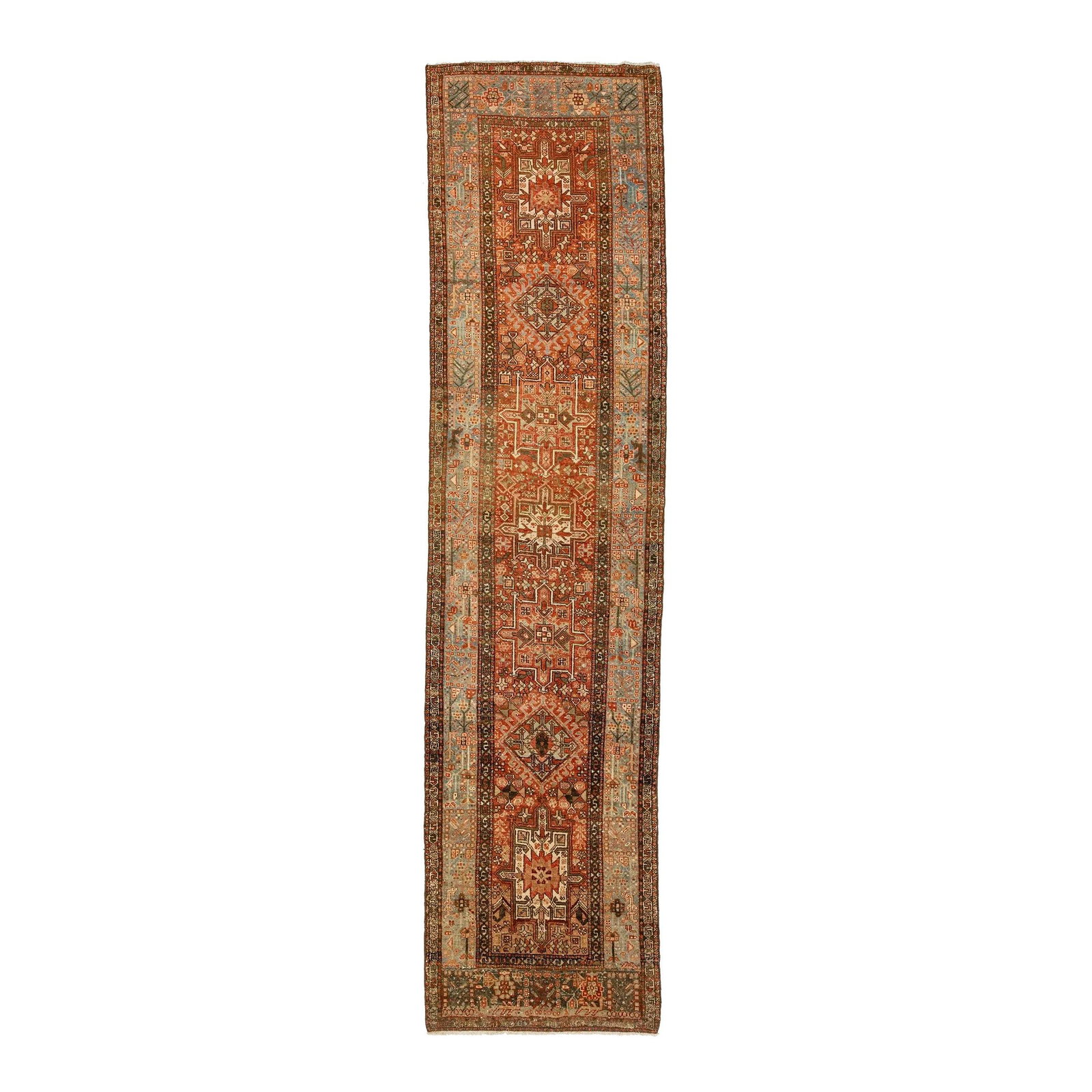 Rust Hand-Knotted Heriz Wool Runner 3'4 x 13'7 Tribal Design: Rust Hand-Knotted Heriz Wool Runner 3'4 x 13'7 Tribal Design This exquisite 20th-century Heriz runner showcases a rich rust-colored field adorned with striking blue and brown accents, exemplifying a b