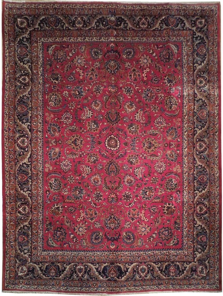 10 x 12'11 Burgundy Persian Mashad Handmade Wool Rug: 10 x 12'11 Burgundy Persian Mashad Handmade Wool Rug Free continental US Shipping Indulge in the opulent charm of this exquisite 10' x 12' 11" Burgundy Persian Mashad All Over Rug, a true testament to