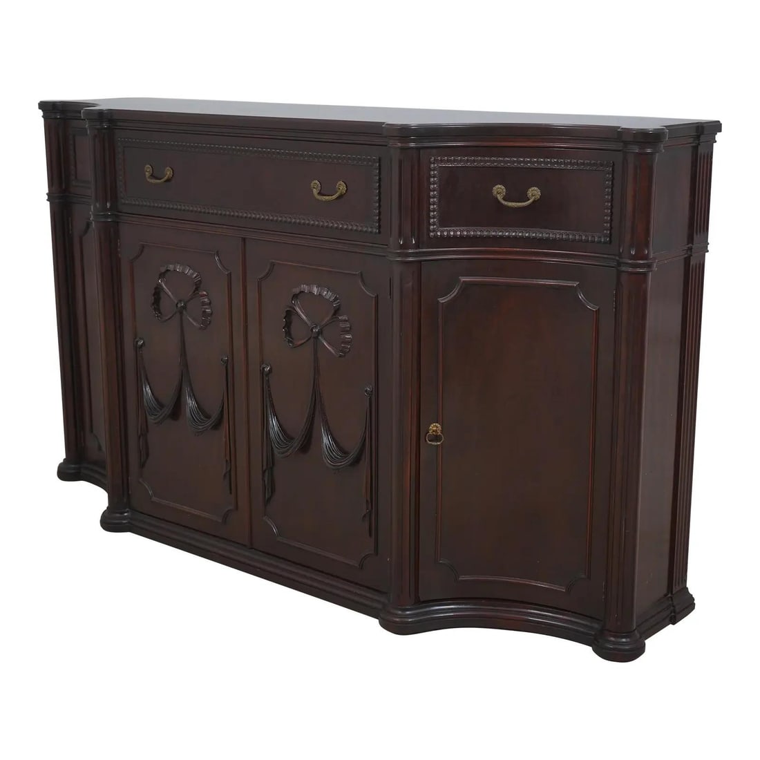 Vintage Regency 3 Drawer 4 Door Desk Credenza with Leather Top: Vintage Regency 3 Drawer 4 Door Desk Credenza with Leather Top This Vintage Regency Drop Front Desk Credenza combines elegance and functionality, showcasing fine carved details and high-quality constr