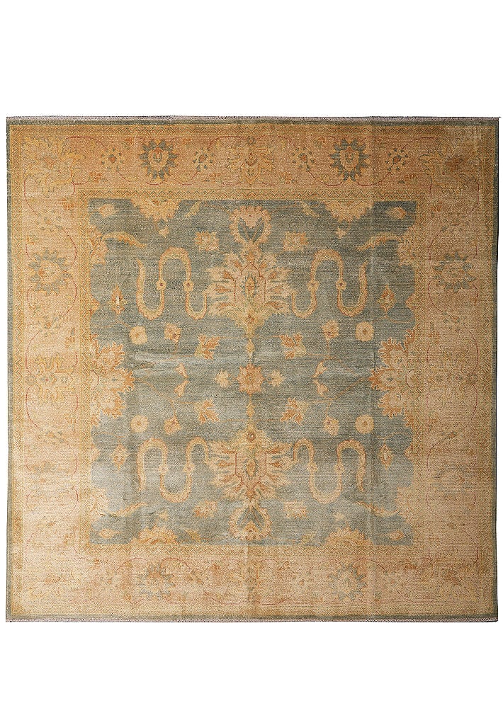 Handmade Oushak Chobi Peshawar Wool Rug 7.9 x 8.2 ft Light Slate Blue Gold: Handmade Oushak Chobi Peshawar Wool Rug 7.9 x 8.2 ft Light Slate Blue Gold Free continental US Shipping Enhance your living space with this exquisite Handmade Oushak Chobi Rug, measuring 7.9 x 8.2 fee