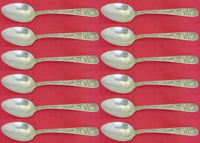 Kirk Repousse Sterling Silver Teaspoon Set 12 Pieces 5 7/8": Kirk Repousse Sterling Silver Teaspoon Set 12 Pieces 5 7/8" This exquisite 12-piece teaspoon set features the elegant Repousse pattern by Kirk, crafted from high-quality sterling silver. Each spoon me