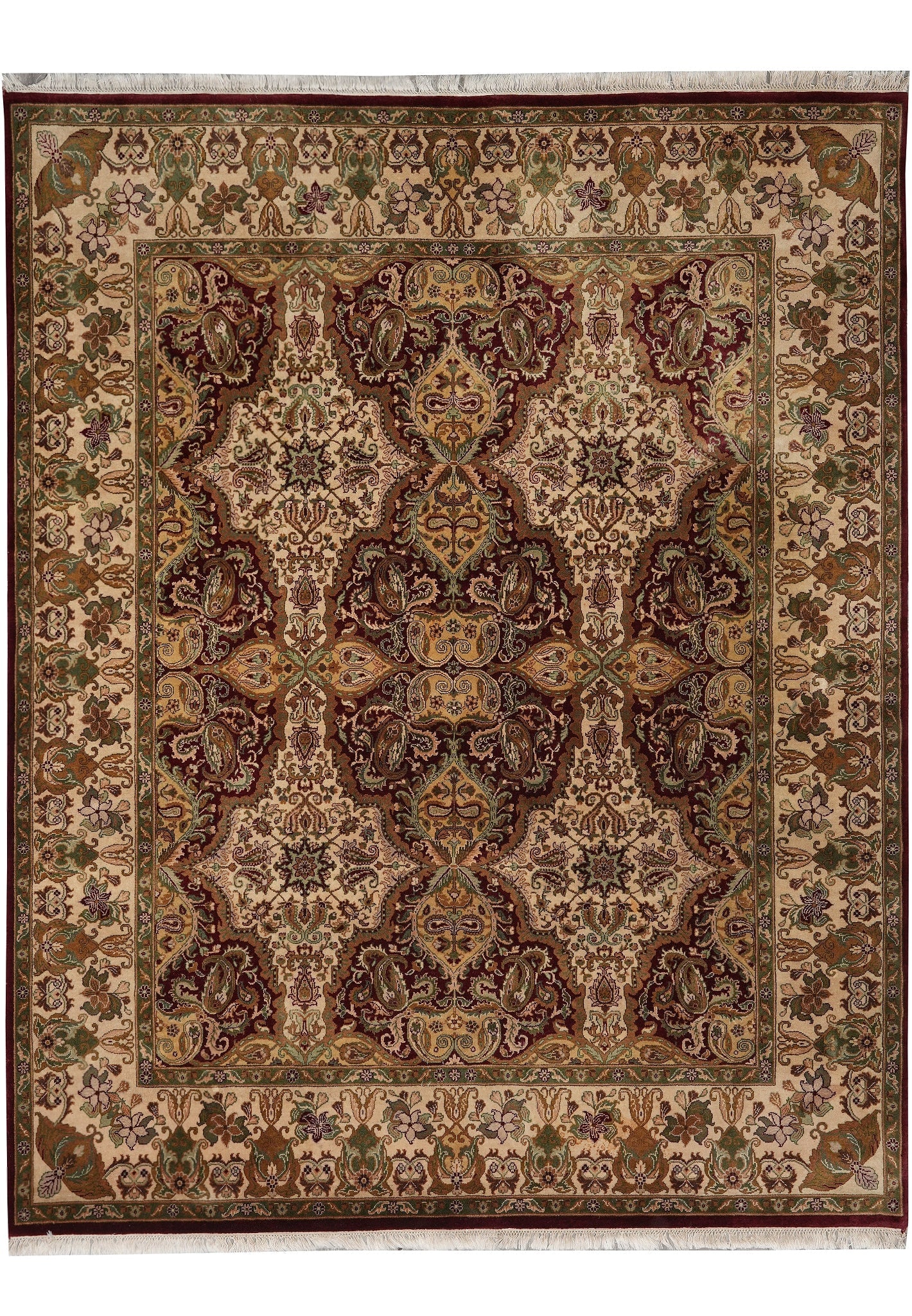 8 x 9.8 Jaipur Hand Knotted Wool Rug Burgundy Gold Reproduction: 8 x 9.8 Jaipur Hand Knotted Wool Rug Burgundy Gold Reproduction Free continental US Shipping This is a high quality Jaipur rug in a reproduction design, handmade and hand-knotted in India. It features