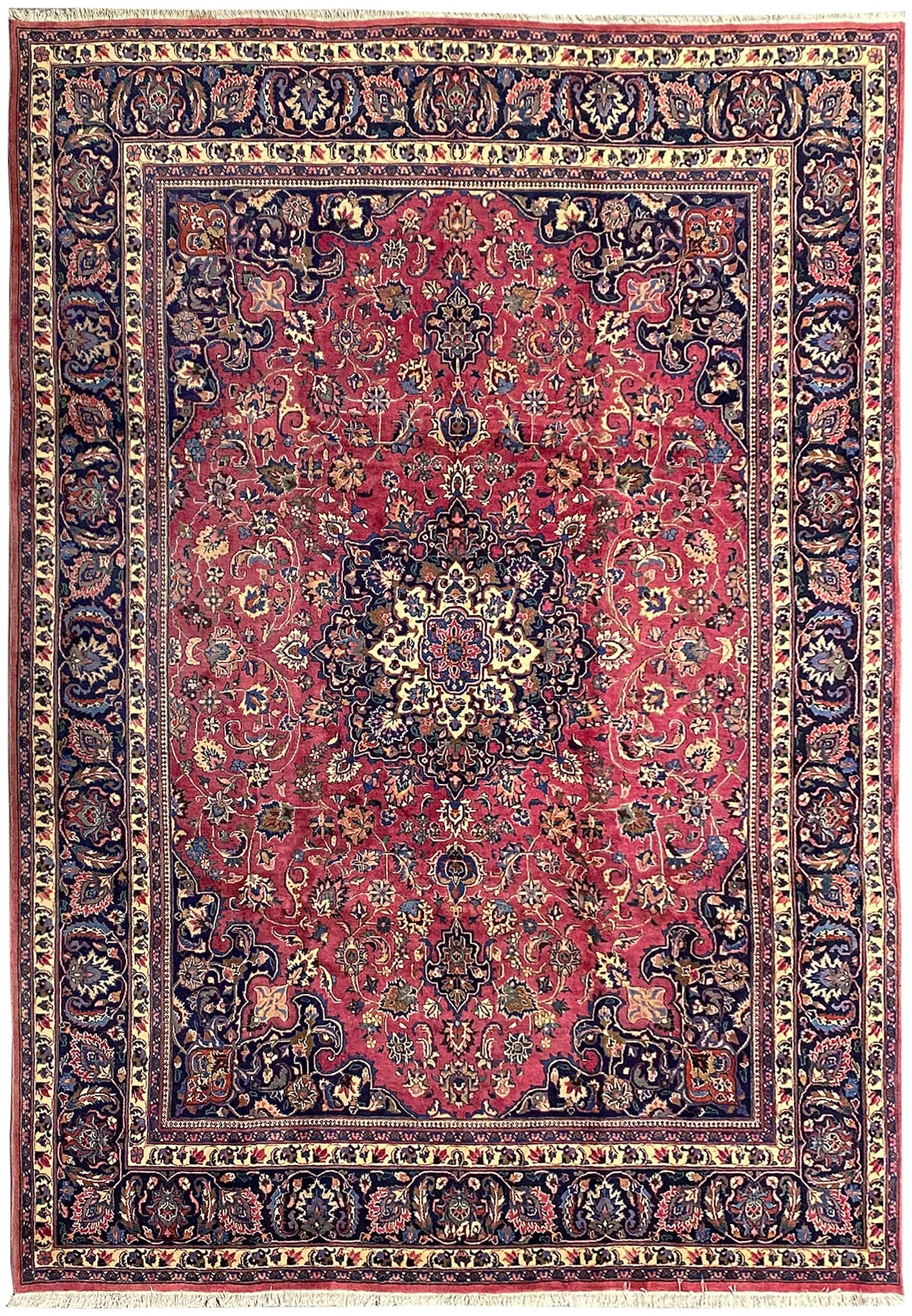 Signed Persian Mashad Hand Knotted Wool Rug 9.3 x 13.4: Signed Persian Mashad Hand Knotted Wool Rug 9.3 x 13.4 Free continental US Shipping This is a pre-owned signed Persian Mashad rug from the 1980s, hand-knotted in Mashhad, Iran. It features a central m