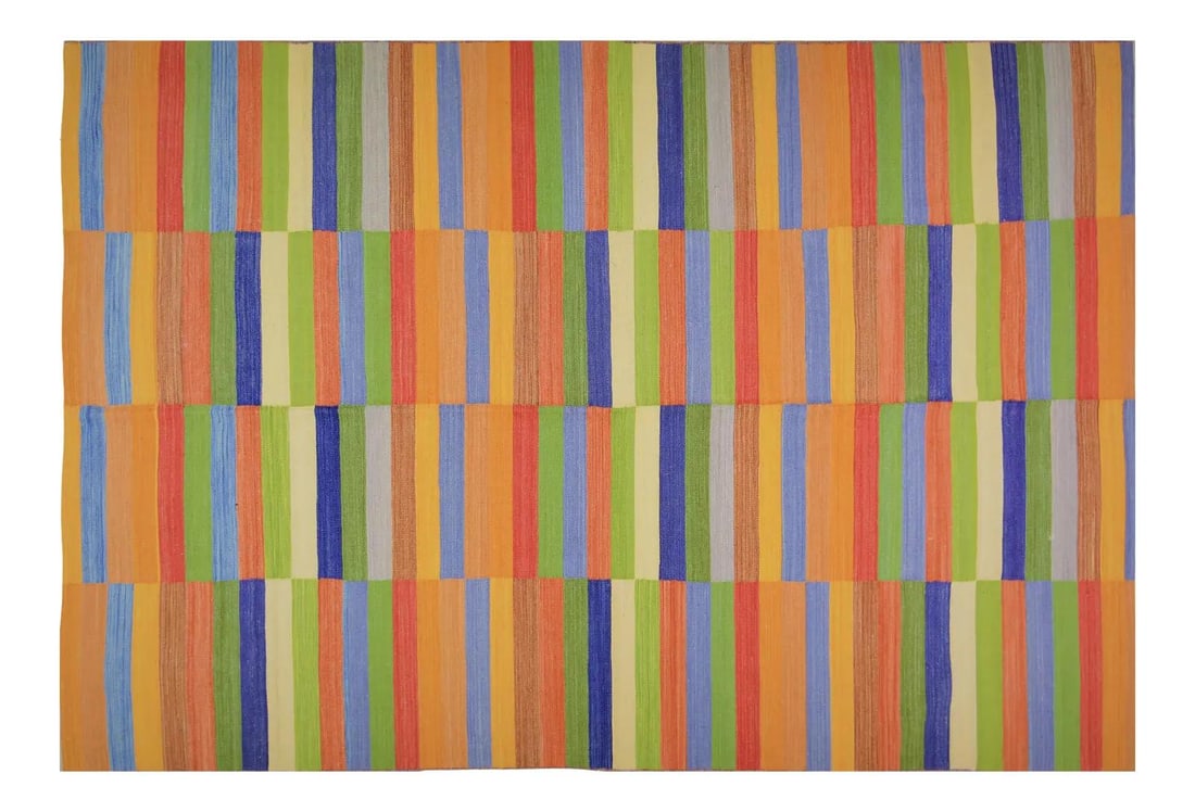 Afghan Modern Kilim Rug Handwoven Wool Geometric Pattern 6'5" x 9'6": Afghan Modern Kilim Rug Handwoven Wool Geometric Pattern 6'5" x 9'6" This vintage Afghan kilim is hand woven from organic wool and features a modern geometric pattern with natural colors. The rug show