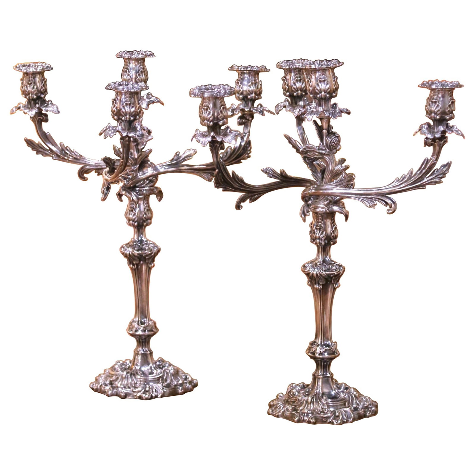 Set of 2 English Rococo Revival Silver Plate Four Arm Candelabras Circa 1910: Set of 2 English Rococo Revival Silver Plate Four Arm Candelabras Circa 1910 This elegant pair of early 20th century English Rococo Revival candelabras is crafted in Birmingham circa 1910. Each four-a